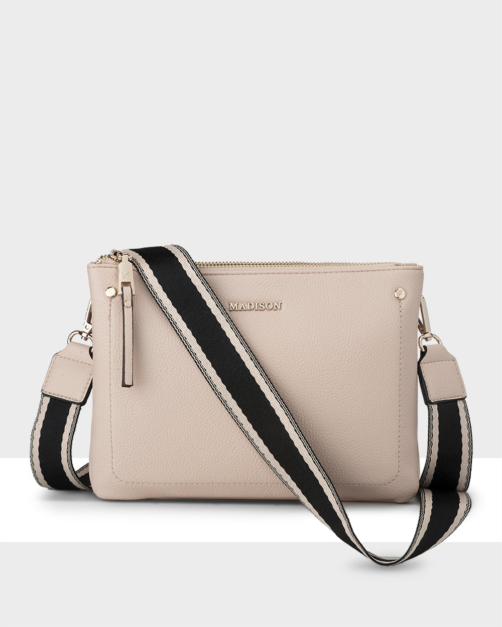 Charlotte Double Zip Crossbody Bag with Adjustable Stripe Strap - Stylish Hands-Free Purse for Women, Perfect for Travel, Shopping & Everyday Use
