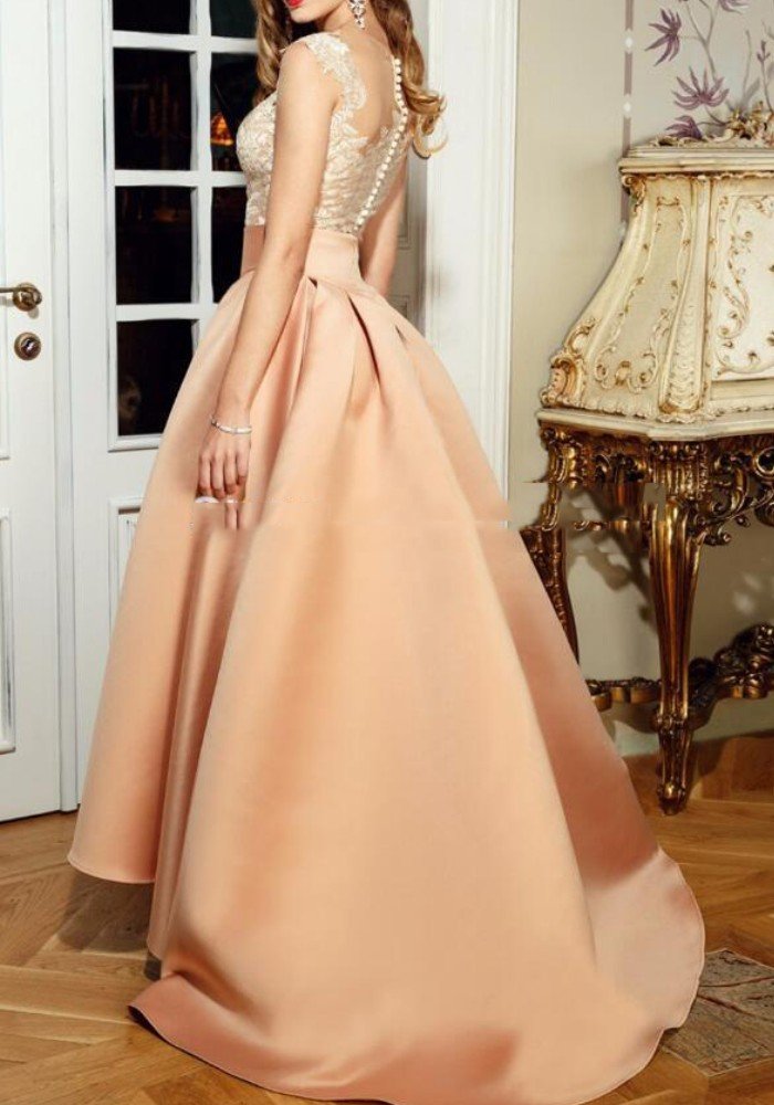 Elegant Women's Lace High-Low Prom Gown Formal Dress with Illusion Back - Perfect for Prom Night, Homecoming, and Special Occasions