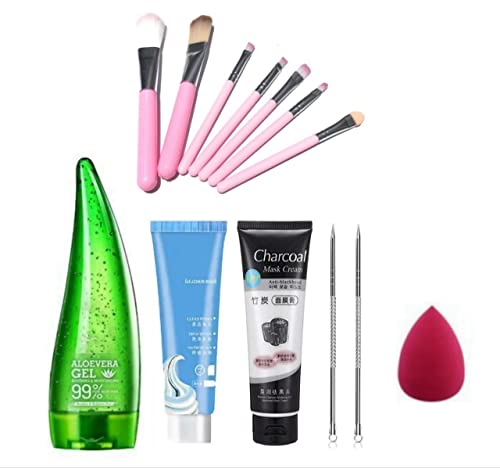 7 Pcs Pink Makeup Brush Set with Aloe Vera Gel, Salicylic Ice Mask, Charcoal Mask & Blackhead Tools – Complete Beauty Kit for Women & Girls – Perfect for Skincare Routine, Spa Day & Makeup Application