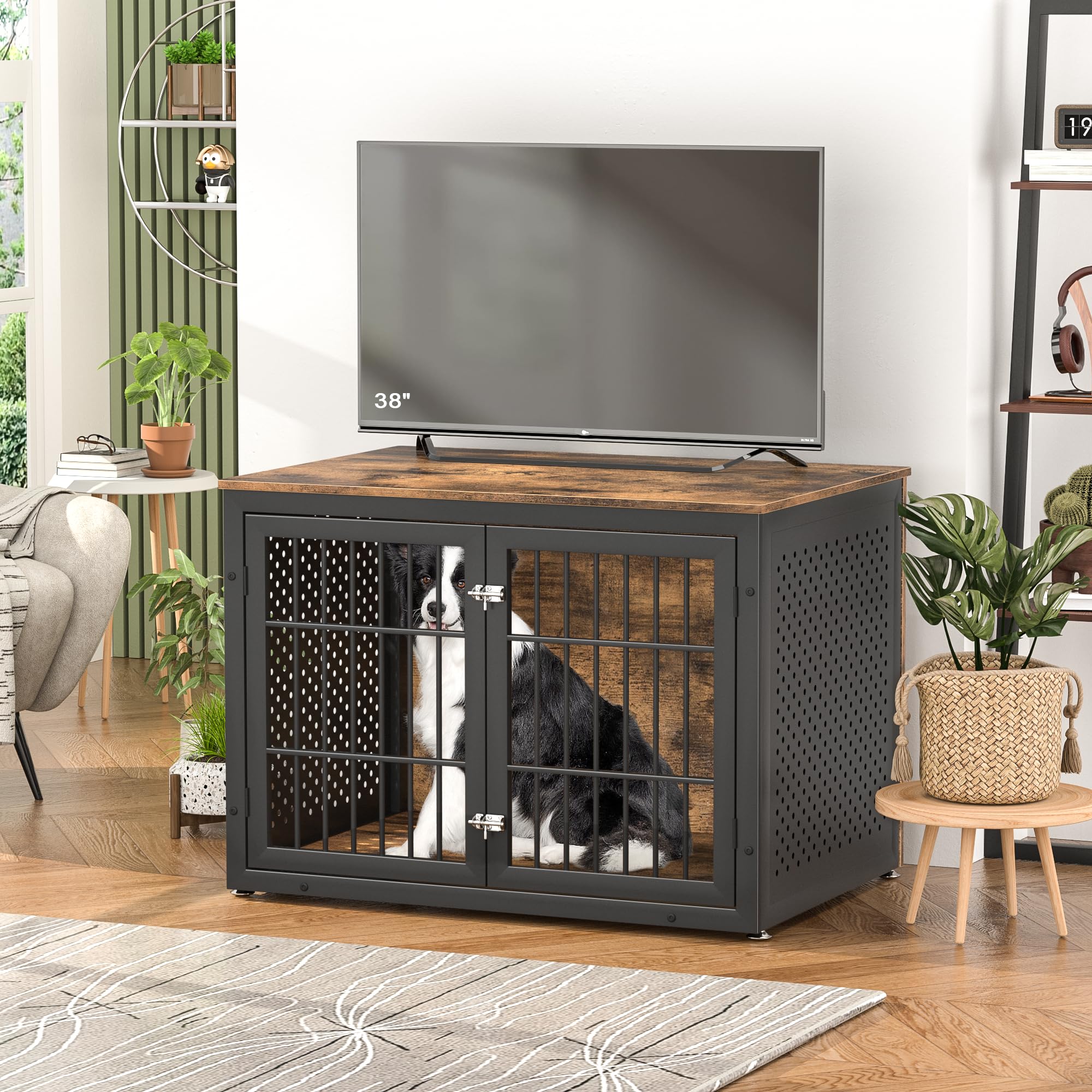 **Heavy Duty Rustic Dog Crate Furniture for Large & Medium Dogs – Indestructible Metal & Wooden Kennel – Enclosed Design for Indoor Use – Decorative Dog Kennel End Table – Perfect for Living Rooms, Bedrooms & Home Decor**