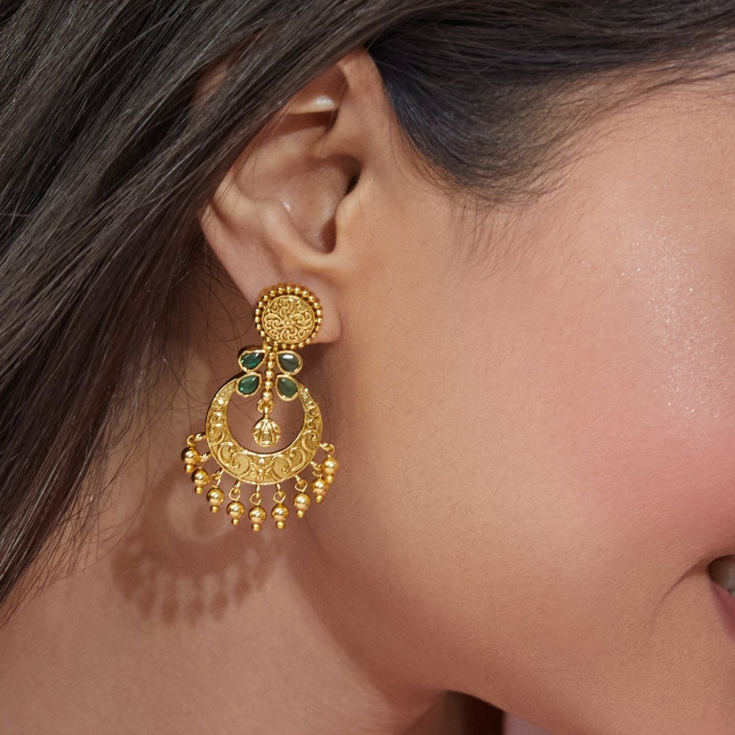 Riva Antique Green Kempu Chandbali Earrings | Traditional Indian Jhumka Earrings for Women | Perfect for Weddings, Festivals & Ethnic Outfits