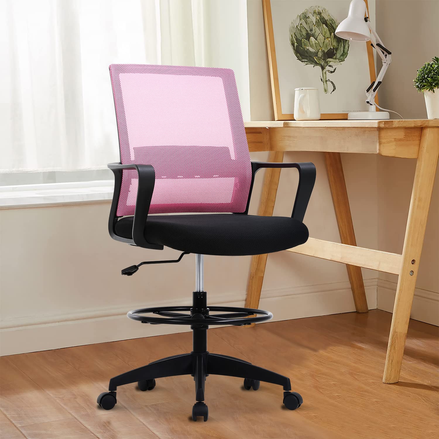 MKDLUFEI Ergonomic Drafting Chair with Mesh Back & Lumbar Support - Adjustable Height Office Chair with Foot Pedal & Arms - Pink Study Chair for Architects, Artists, Gamers & Home Office Workers