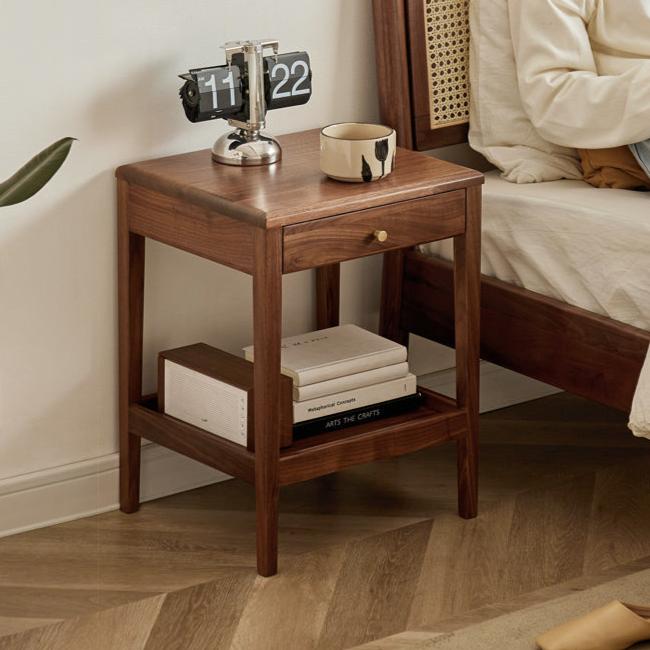 Black Walnut Solid Wood Narrow Nightstand - Modern Bedside Table with Drawer for Bedroom, Living Room & Small Spaces - Perfect for Storage & Décor