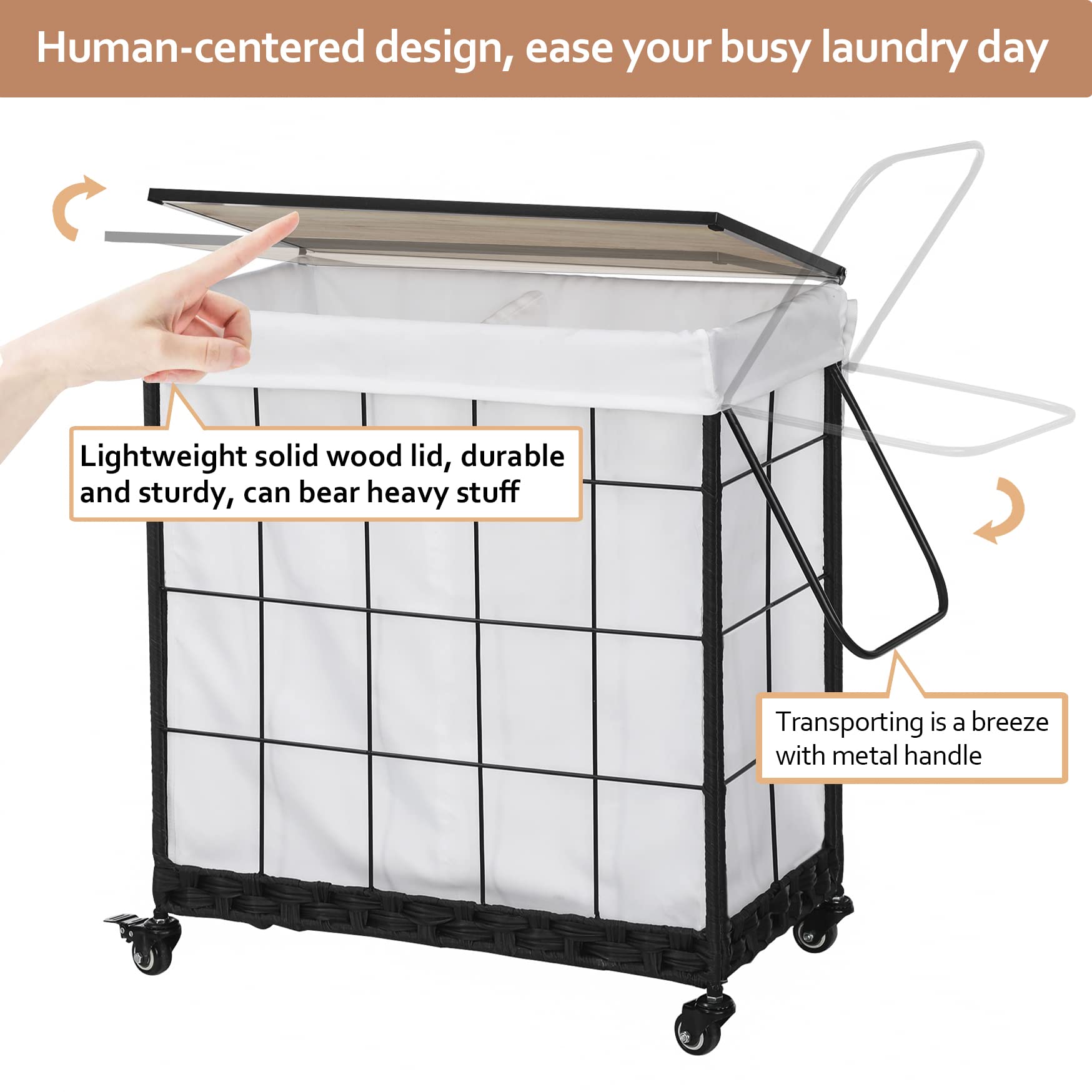 Premium White Laundry Hamper with Removable Liner Bag - Heavy Duty Wheels, Wood Lid & Metal Handle - Clothes Organizer & Laundry Basket for Bedroom, Bathroom, Dorm - Space Saving Storage Solution