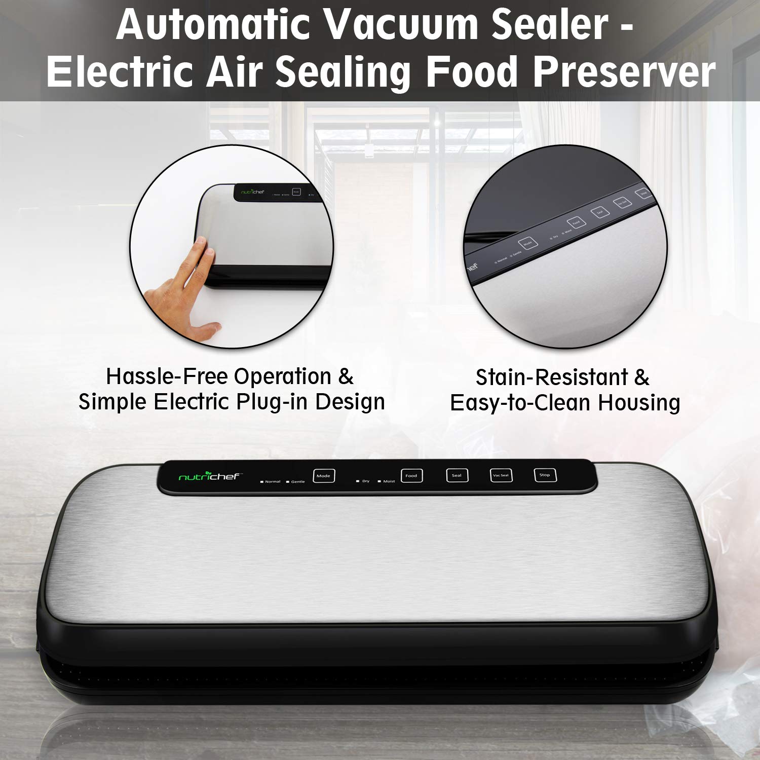 NutriChef Stainless Steel Vacuum Sealer Machine for Food Preservation - Powerful Adjustable Suction with Dry & Moist Modes, LED Display, Includes Bags & Wine Stopper - Perfect for Meal Prep, Sous Vide, Freezer Storage & Long-Term Food Saving