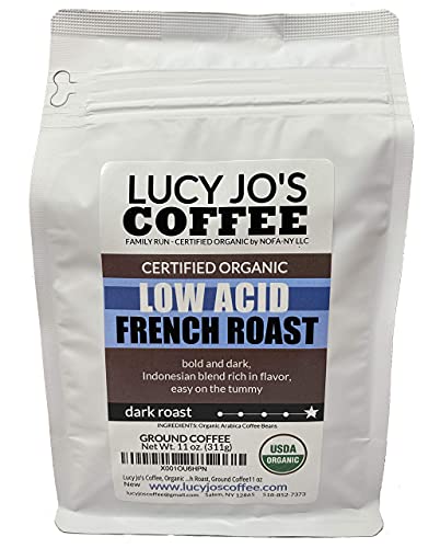 Organic Low Acid French Roast Ground Coffee - 11 oz | Lucy Jo's Coffee | Smooth & Gentle on Stomach | Perfect for Morning Brew & Afternoon Pick-Me-Up