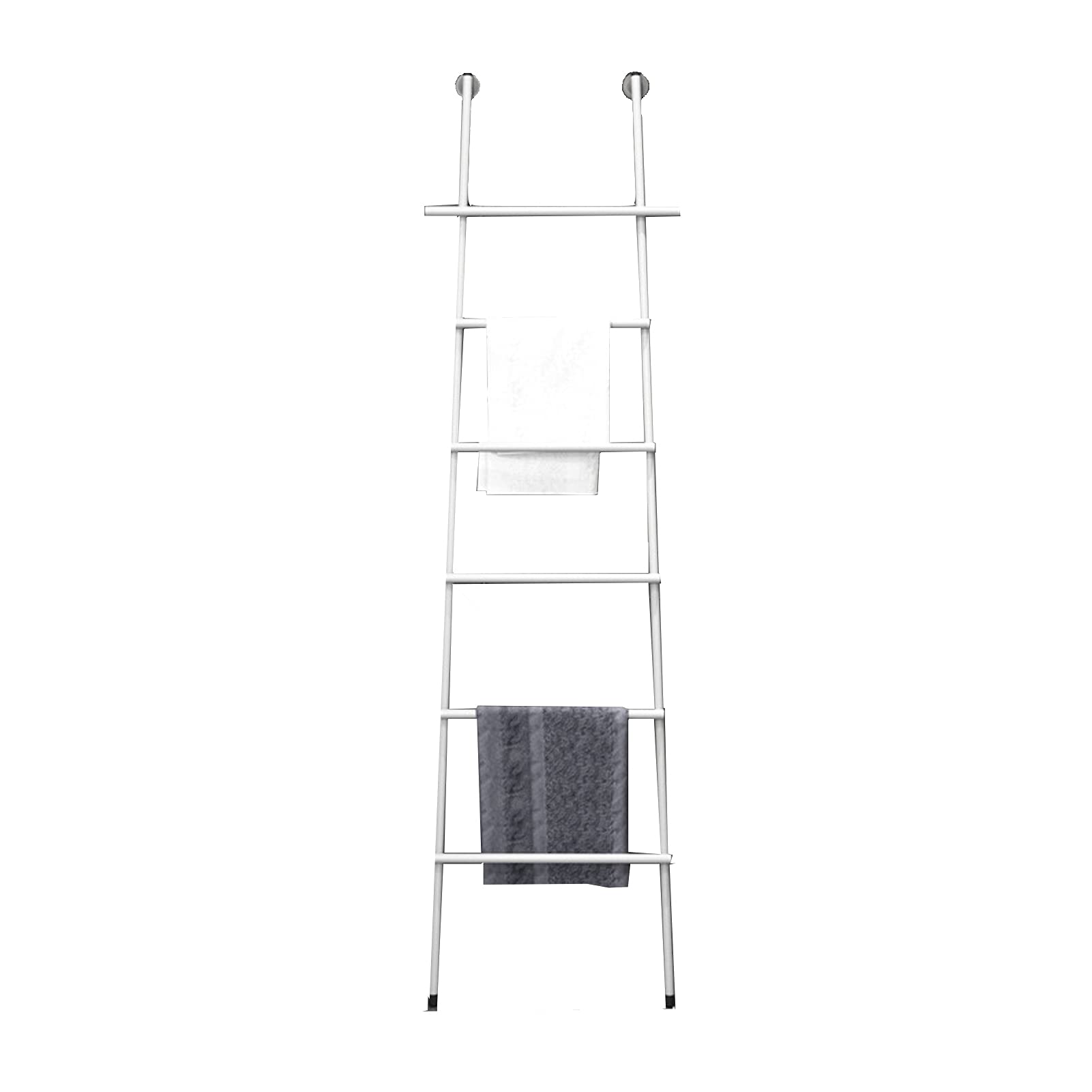 6-Tier Wall-Leaning Ladder Towel Rack with Suction Cups - Space-Saving Blanket & Quilt Organizer for Bathroom, Laundry Room & Bedroom - Durable Metal Drying Rack for Towels, Clothes & Home Decor (White)