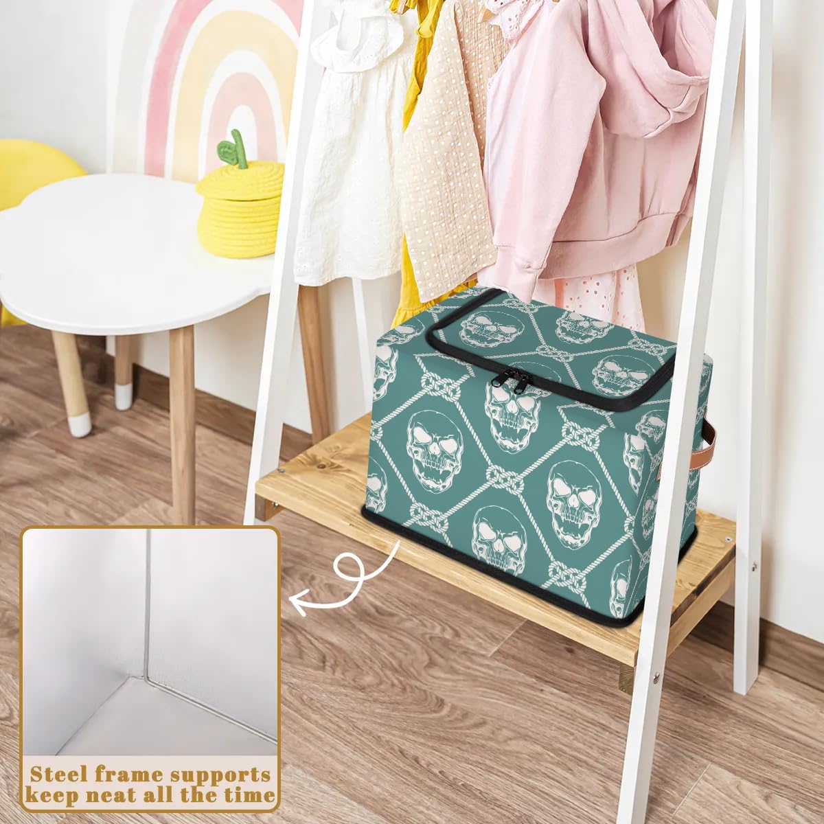 2-Pack Skeleton Rope Plaid Storage Bins with Zipper Lid | Stackable Closet Organizer Baskets with Metal Frame & PU Handles | Perfect for Clothes, Toys, and Home Organization