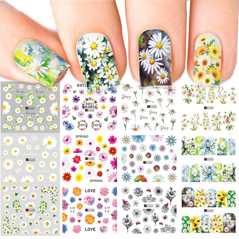 Daisy Flower Nail Art Stickers - 12 Sheets Water Transfer Nail Decals with Sunflower Design for Women & Girls | DIY Summer Nail Decorations for Parties, Weddings & Manicures