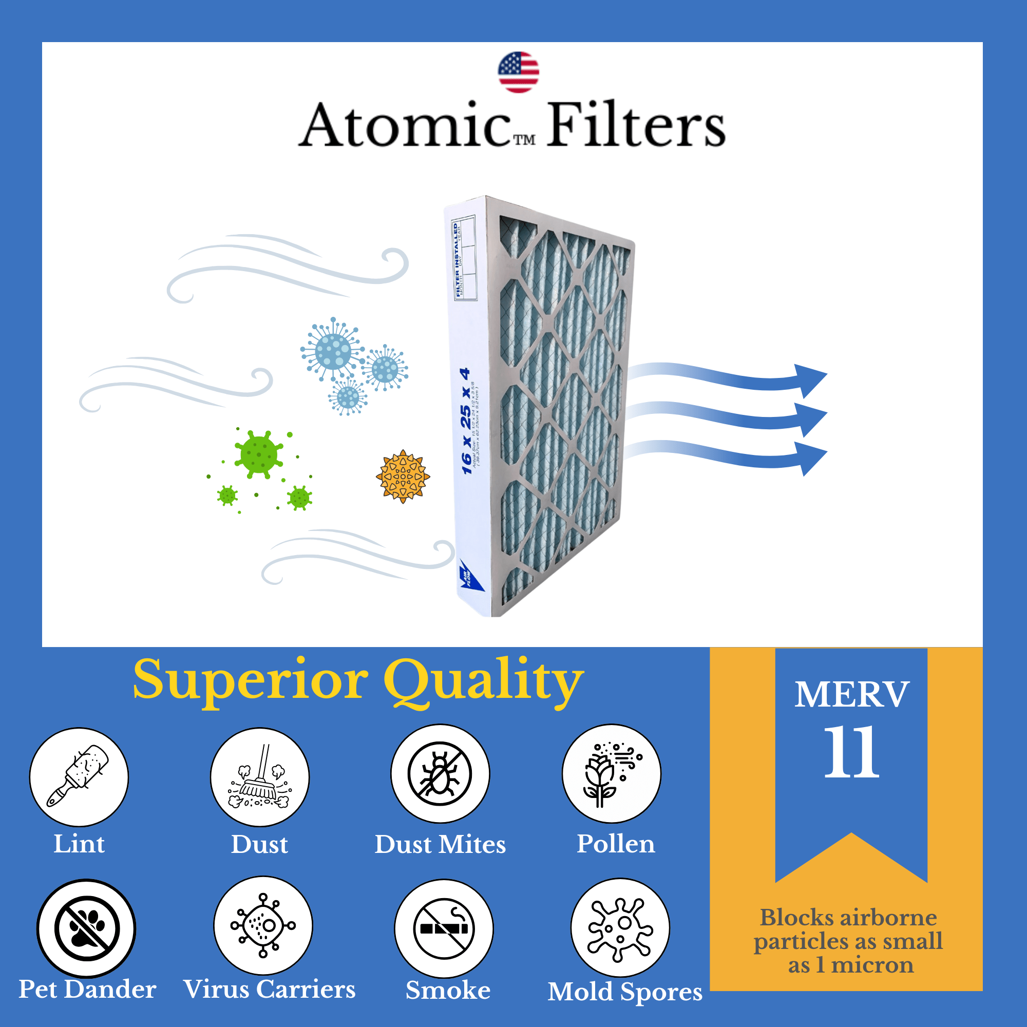 16x25x4 MERV 11 Air Filter (3 Pack) - Compatible with TopTech TT FM 1625, TTFM1625, Carrier TechPure TT MAC 1625 & TT FM 1625QB - Perfect for Furnace, HVAC & Home Air Purification Systems