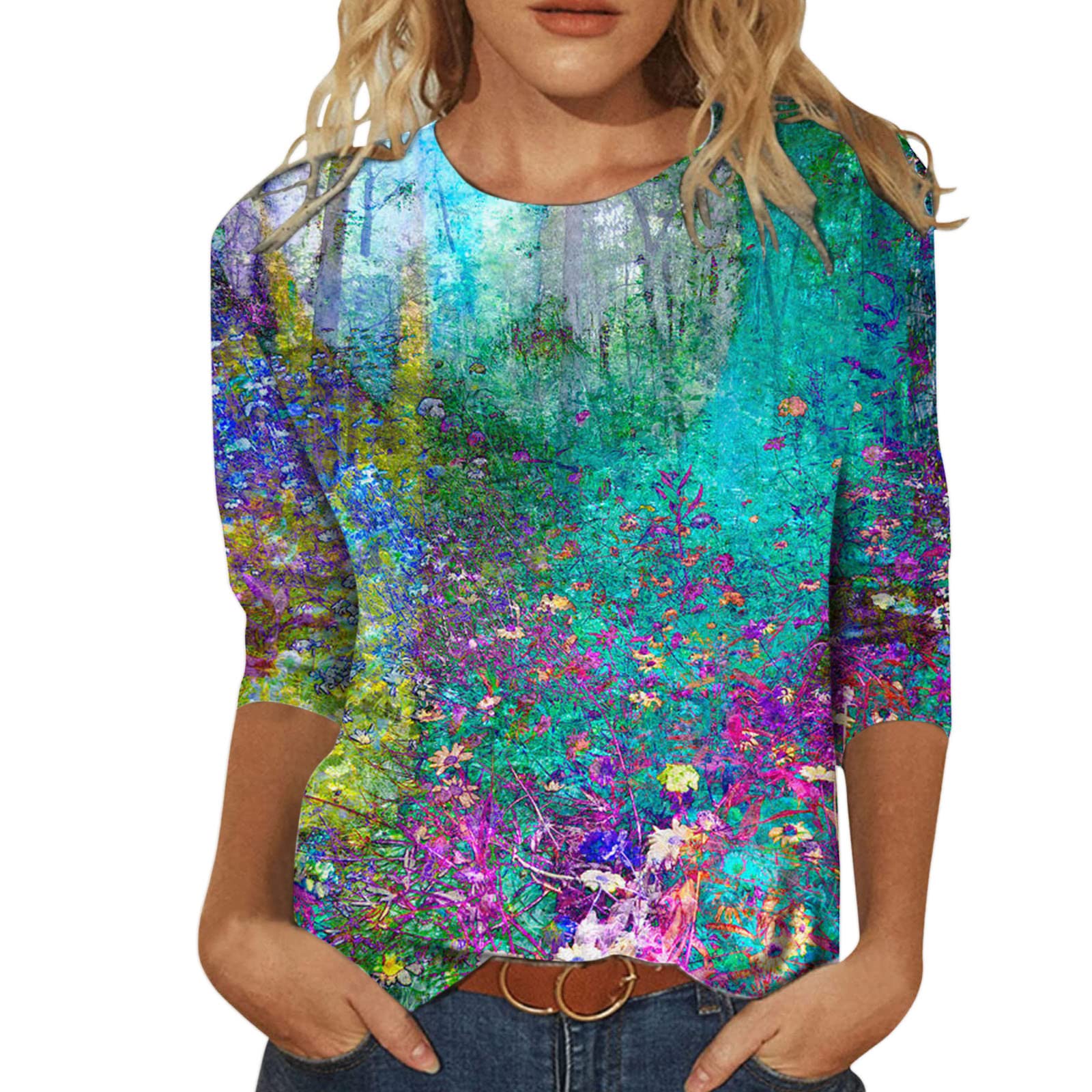 Women's Floral Printed Casual T-Shirt - Round Neck 3/4 Sleeve Blouse for Beach, Summer & Everyday Wear | Aesthetic Boho Style Top for Women