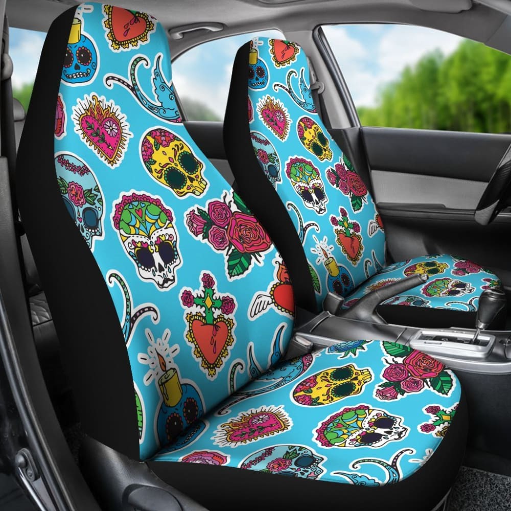 Blue Sugar Skull Car Seat Covers - Premium Custom Fit for Cars, Trucks & SUVs - Gothic Style Decor - Perfect for Halloween, Dia de los Muertos & Car Accessories