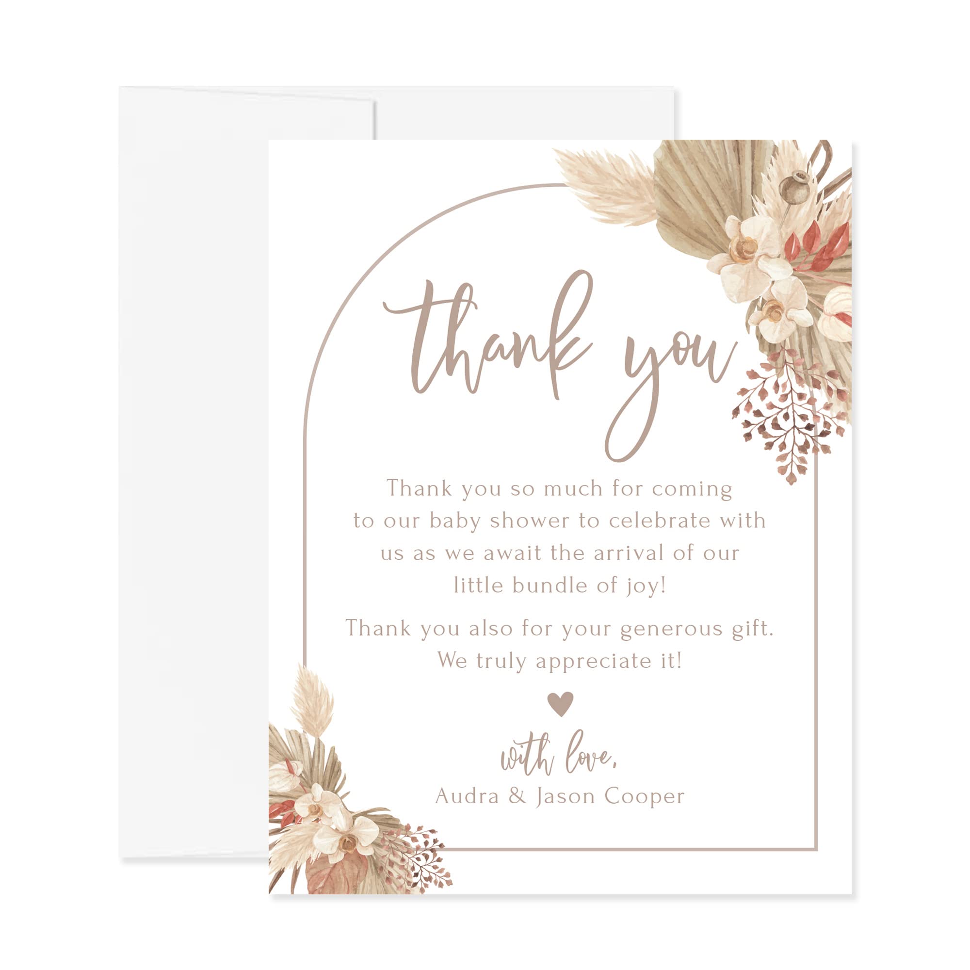 Boho Arch Pampas Grass Baby Shower Thank You Cards - Personalized 4.25x5.5 Flat Cards with Names & Message - Includes Envelopes - Perfect for Newborn Celebrations & Gender Reveal Parties