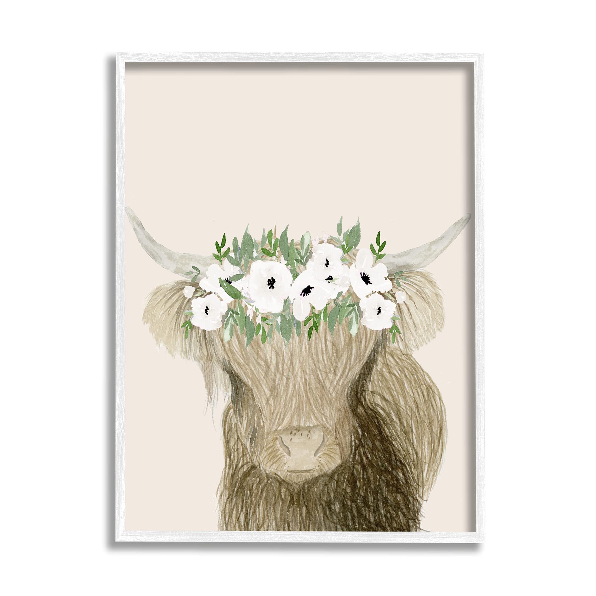 Stupell Industries Highland Cattle Portrait with Poppy Floral Crown - Rustic Farmhouse Wall Art by Lucille Price, White Framed Canvas Print 24