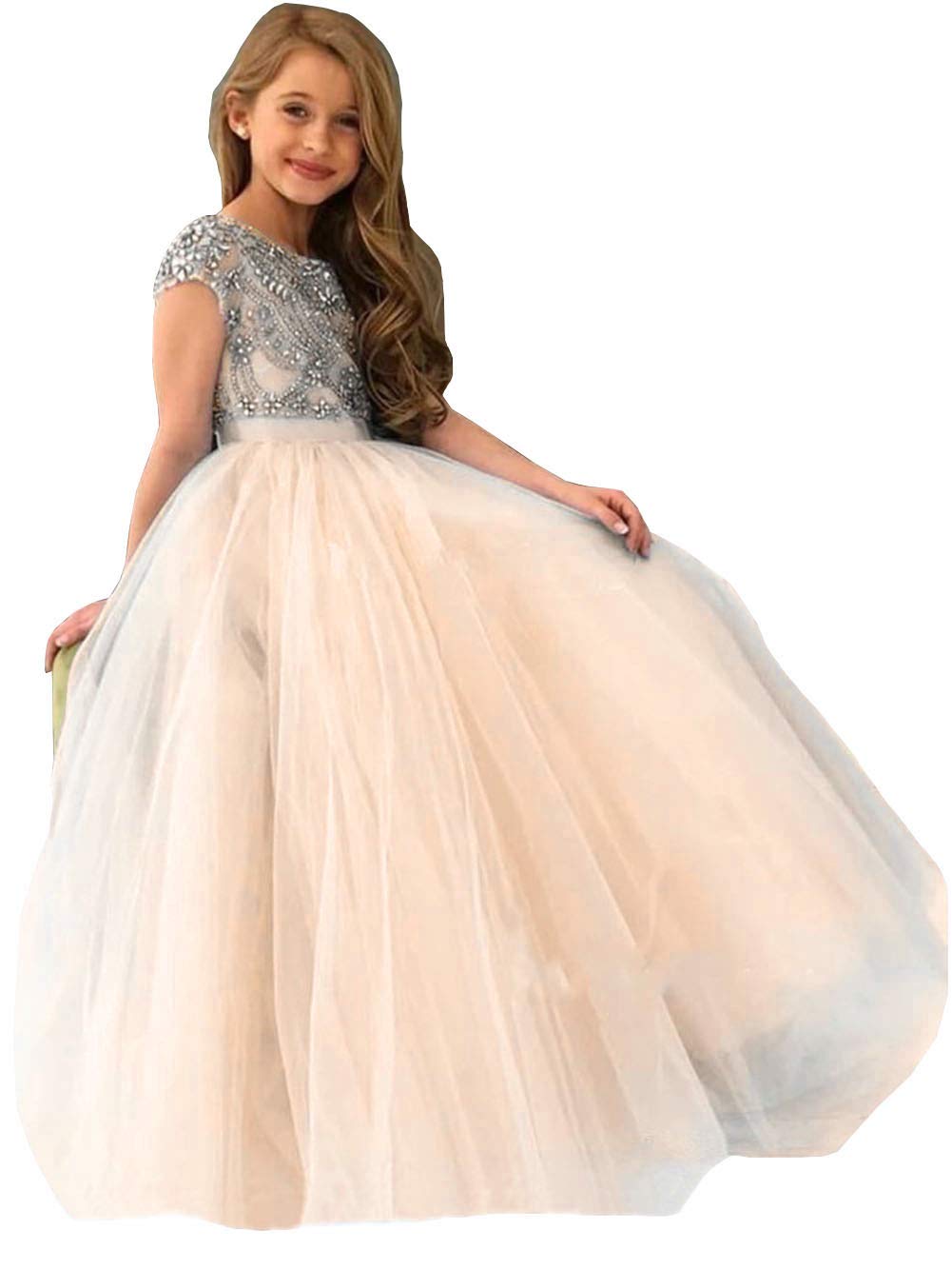 Emmani Girls Tulle Pageant Dress with Rhinestones & Beaded Flowers - Elegant Birthday Gown for Kids | Perfect for Pageants, Weddings & Special Occasions