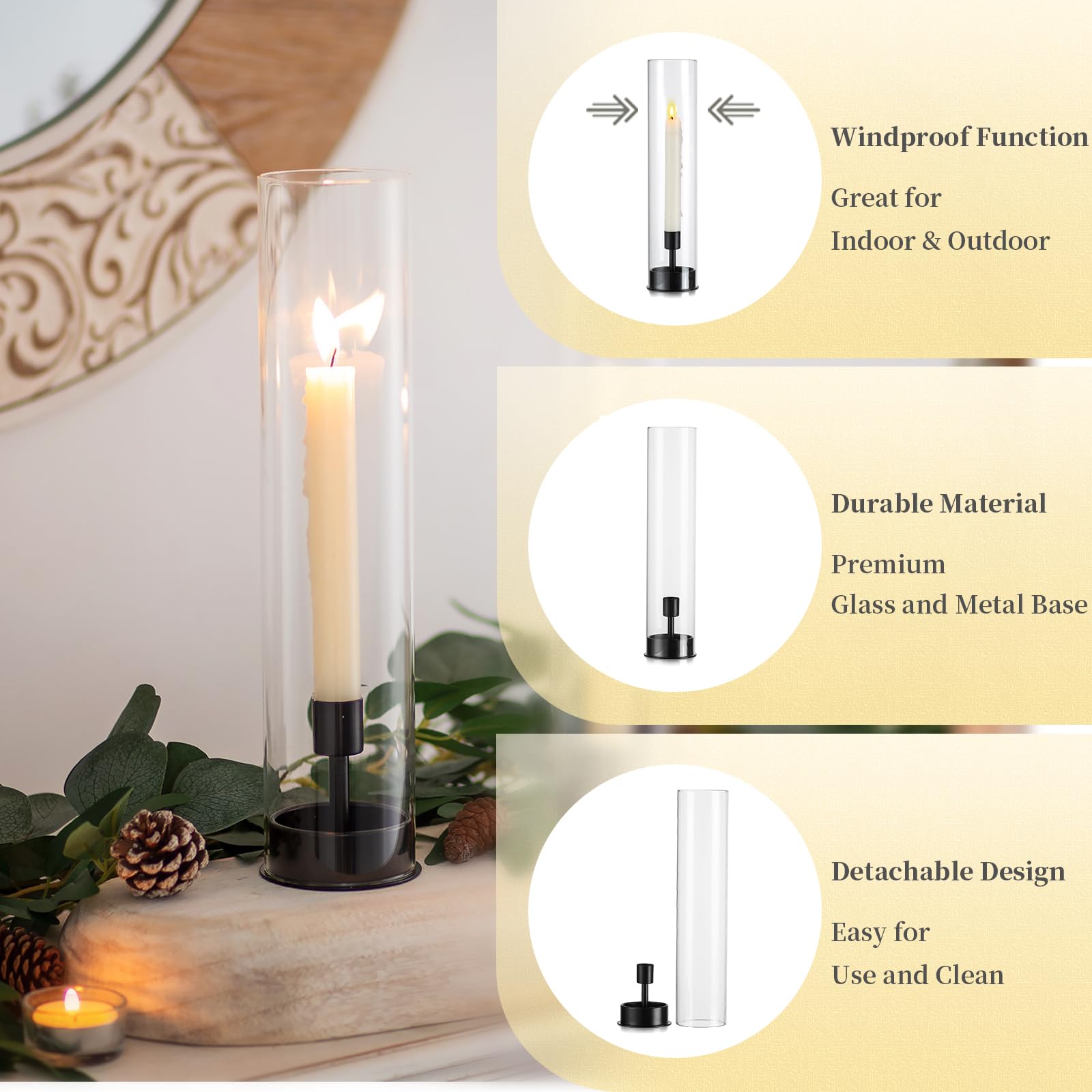 Hewory Hurricane Taper Candle Holders - 2Pcs Black Glass Candlestick Holders for Wedding, Party & Christmas Decor | Elegant Table Centerpiece for Home, Reception & Holiday Celebrations