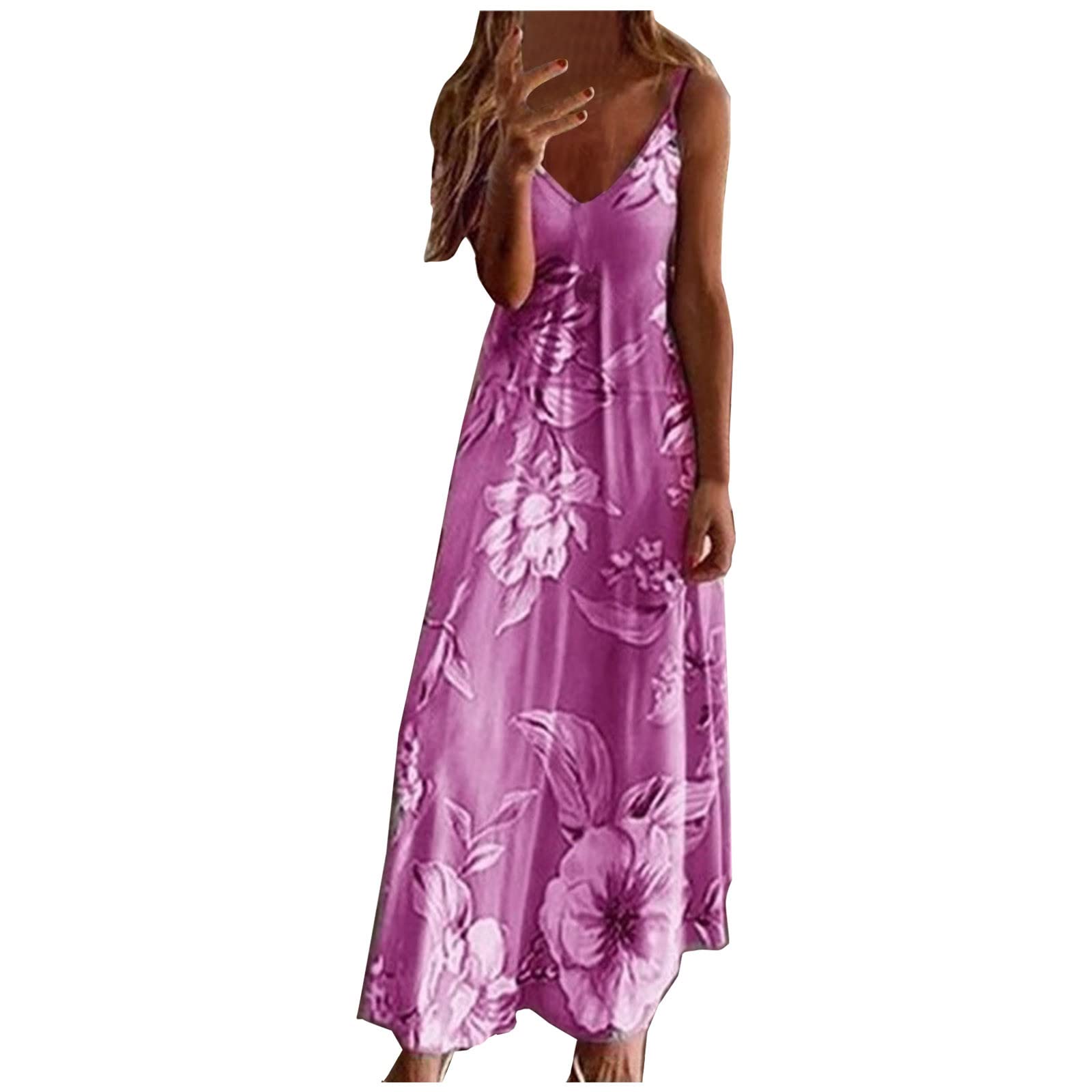 Anuyalue Women's Summer Maxi Dress 2022 - Casual Sleeveless Spaghetti Strap Boho Floral Beach Dress with Sexy V Neck | Perfect for Vacations, Pool Parties & Date Nights