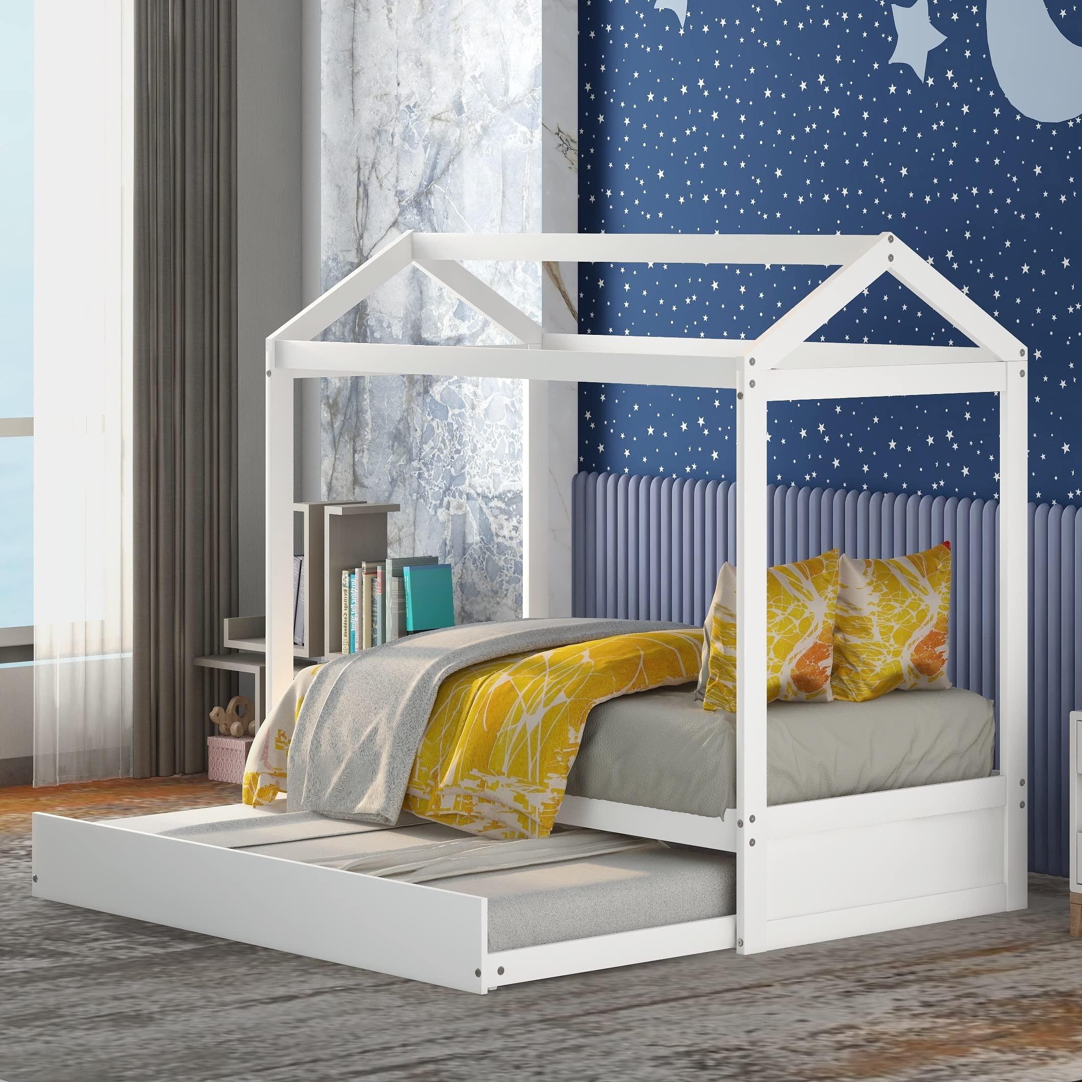 Bellemave Twin House Bed with Trundle - Kids Playhouse Bed with Roof - Twin Size Toddler Daybed Frame for Boys & Girls - White - Perfect for Bedrooms, Playrooms & Sleepovers