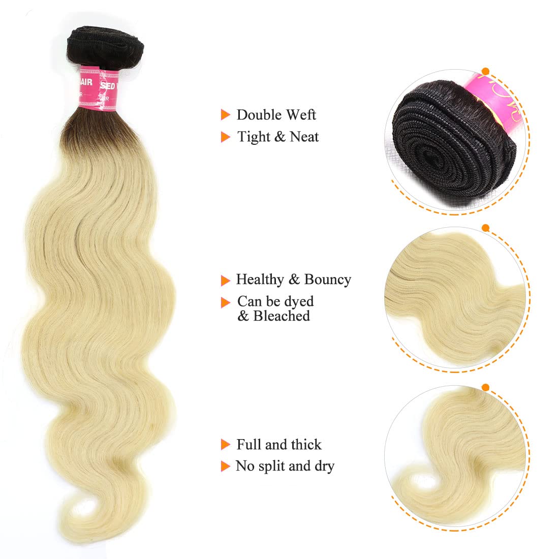 Nadula T1B613 Blonde Body Wave Human Hair Extensions - 3 Bundles 10A Brazilian 100% Remy Hair with Dark Roots & Honey Blonde Ombre - 14/16/18 Inch Wavy Weaves for Sew-In - Perfect for Daily Styling, Parties & Special Occasions