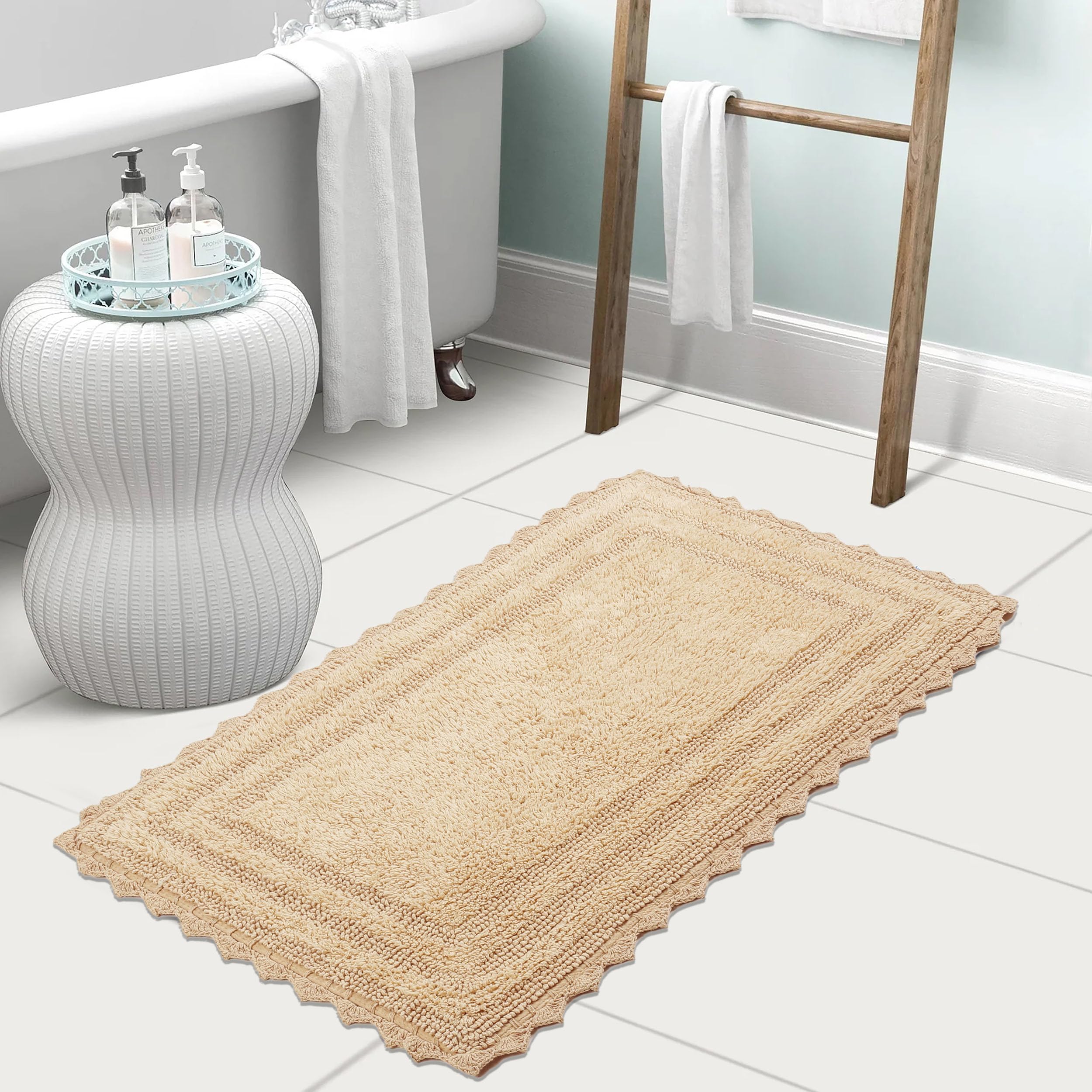 TreeWool 2-Pack Soft Cotton Bath Mat with Crochet Border - Reversible Non-Slip Bathroom Rug, 19
