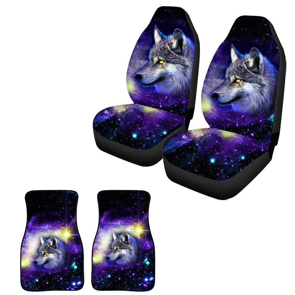 UNICEU 3D Print Galaxy Wild Wolf Car Seat Covers for Men - High Back Seat Protector with Matching Floor Mats (4-Piece Set) | Perfect for Truck, SUV & Sedan Interior Customization & Protection