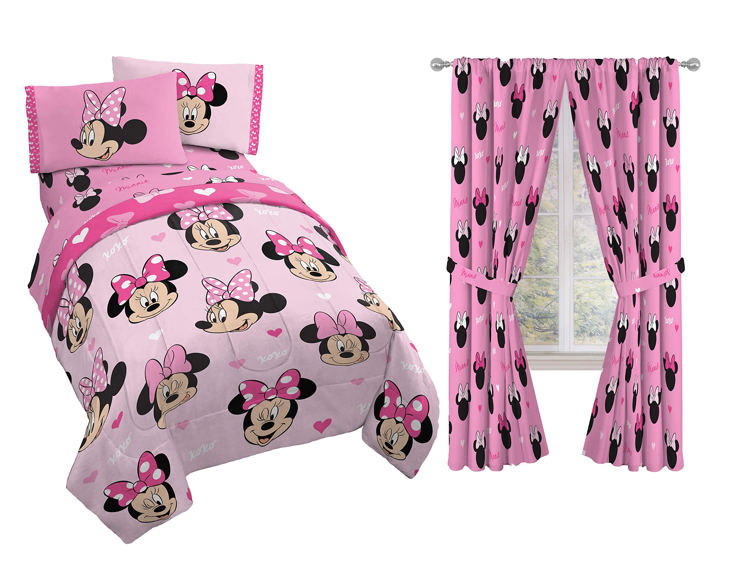 Disney Minnie Mouse Hearts & Love 9-Piece Full Bedding Set - Comforter, Sheets, Pillowcases & Curtains for Girls' Bedroom Decor | Perfect for Kids Room, Dorm & Gift