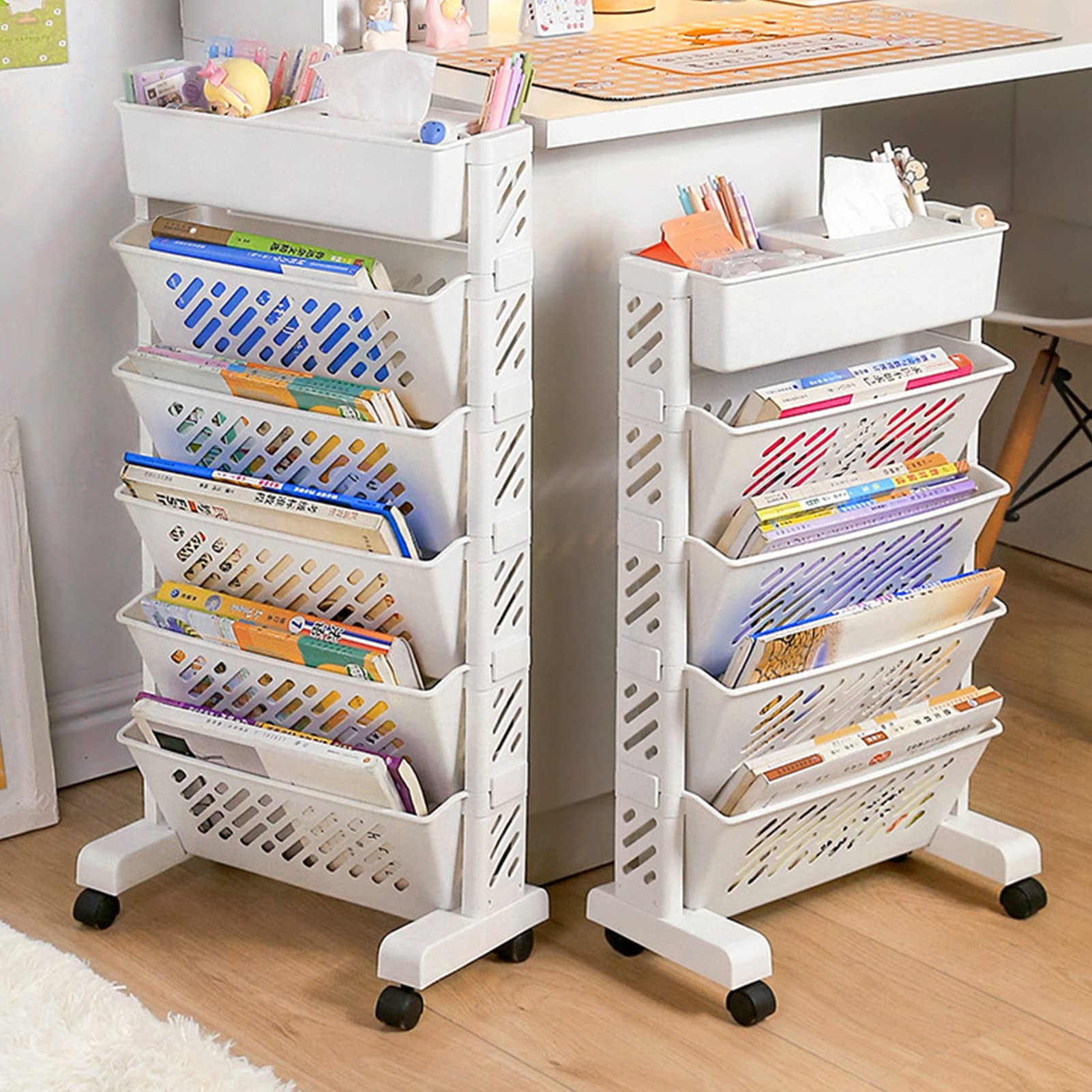 6-Tier Rotating Bookshelf with Wheels - Large Capacity Mobile Storage Organizer for Books, Files & Office Supplies | Perfect for Home, Office & Classroom Organization