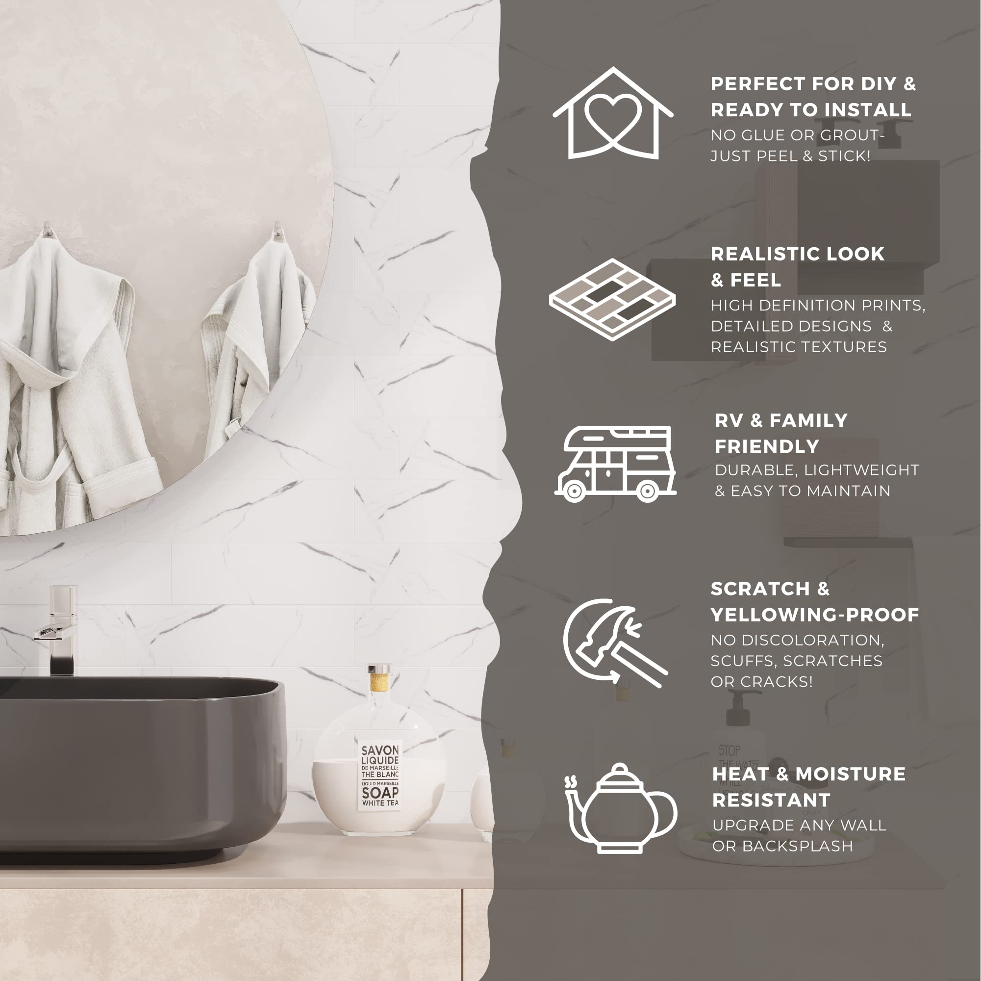 Avant Decor 8-Pack Stone Composite Subway Tiles - Peel & Stick Backsplash for Kitchen DIY