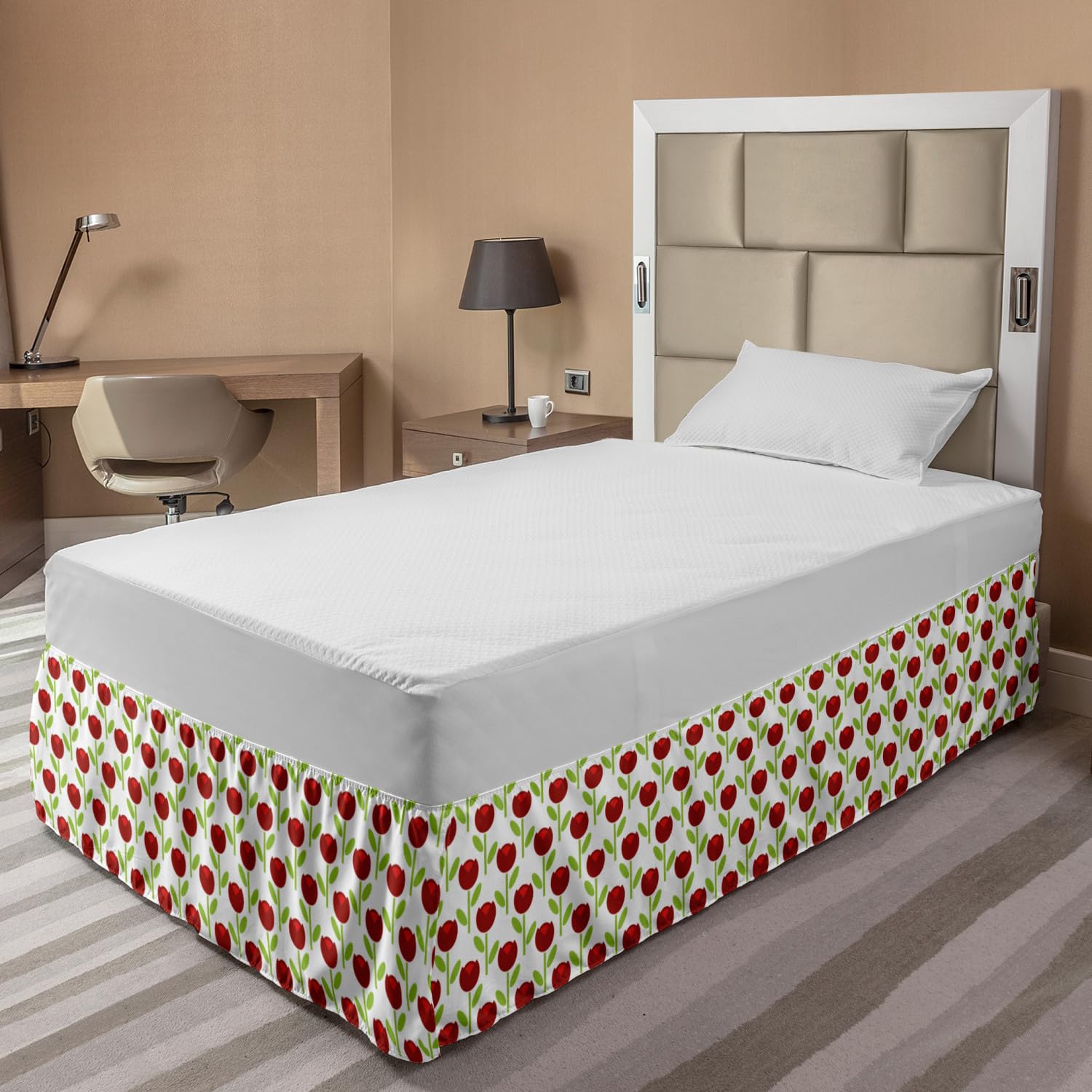 Ambesonne Floral Bed Skirt - Burgundy Tulips Print Elastic Dust Ruffle Wrap Around for Queen/King Size Beds | Elegant Bedroom Decor for Home & Guest Room Styling