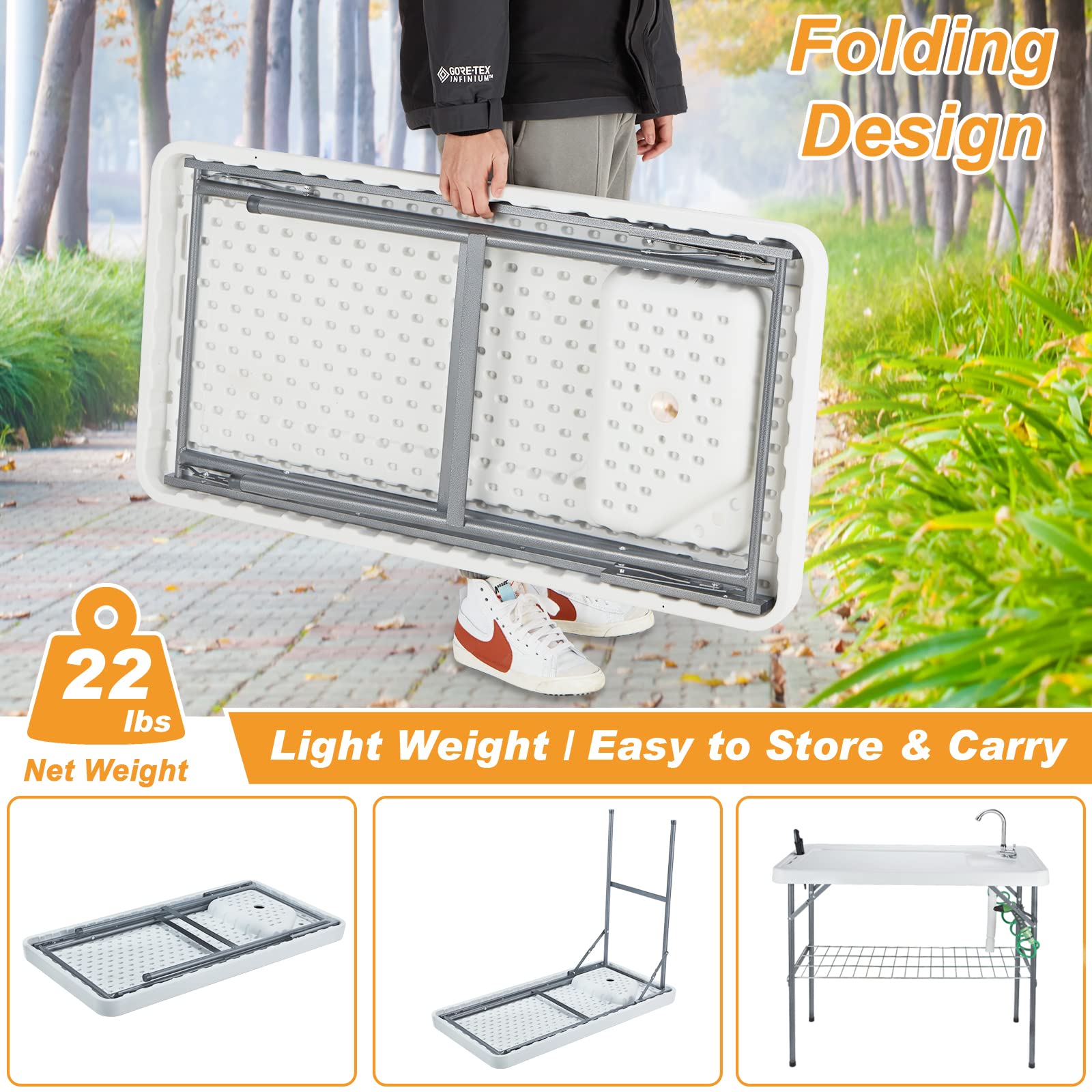 Portable Folding Fish Cleaning Table with Faucet, Drain Hose & Sprayer - Outdoor Camping Sink Station with Grid Rack & Knife Groove - Perfect for Fishing, Picnics, RV Trips & Backyard Fish Fillet Prep, Grey