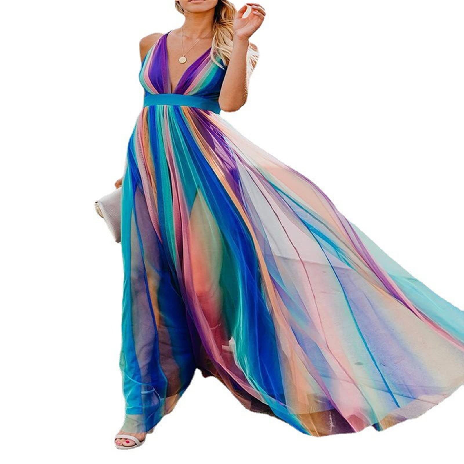 Sexy Deep V Rainbow Chiffon Sling Maxi Dress for Women - Summer Beach Party, Vacation, Date Night & Evening Outfits
