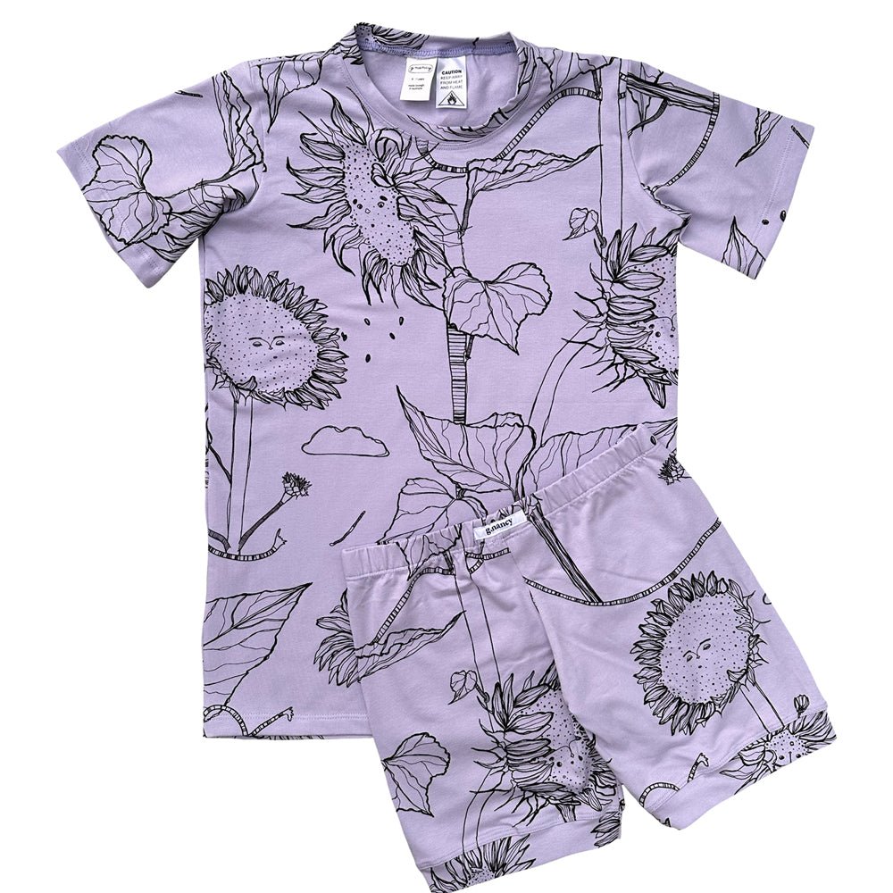 Lilac Sunflower Short Sleeve Pajama Set for Women - Soft & Comfortable Sleepwear for Summer Nights, Lounge Wear, and Relaxing at Home