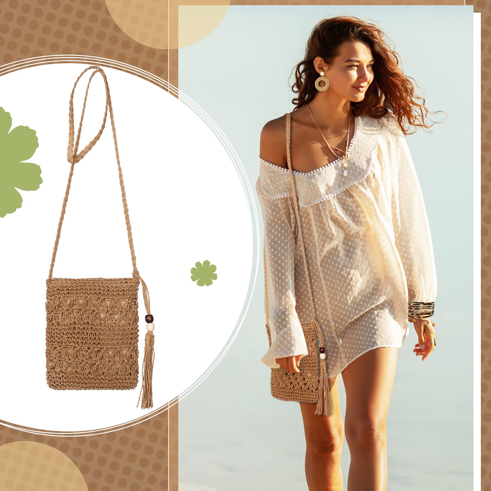 Boho Straw Shoulder Bag for Women - Crossbody Beach Purse Set with 4 Rattan Tropical Earrings & Leopard Bracelet - Perfect for Vacation, Summer Outings, and Boho Fashion Accessories