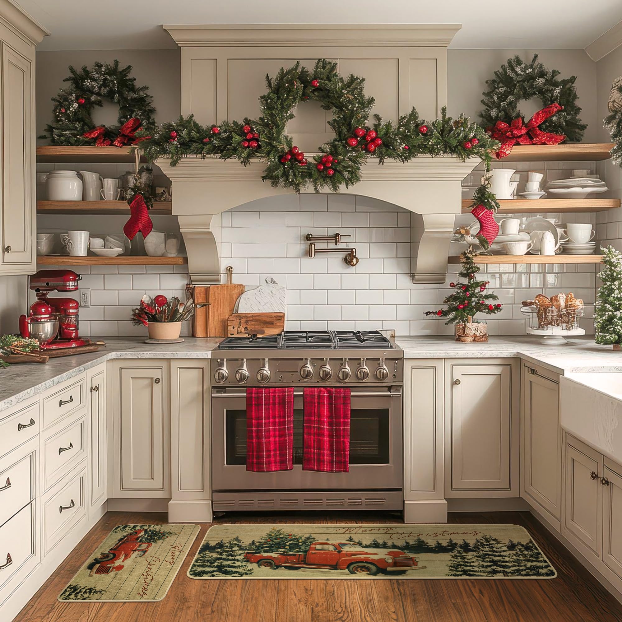 GRANNY SAYS Christmas Kitchen Rugs Set of 2, Washable Holiday Floor Mats 17x30 & 17x47, Farmhouse Truck Design, Indoor Christmas Decor for Kitchen, Dining Room, and Entryway