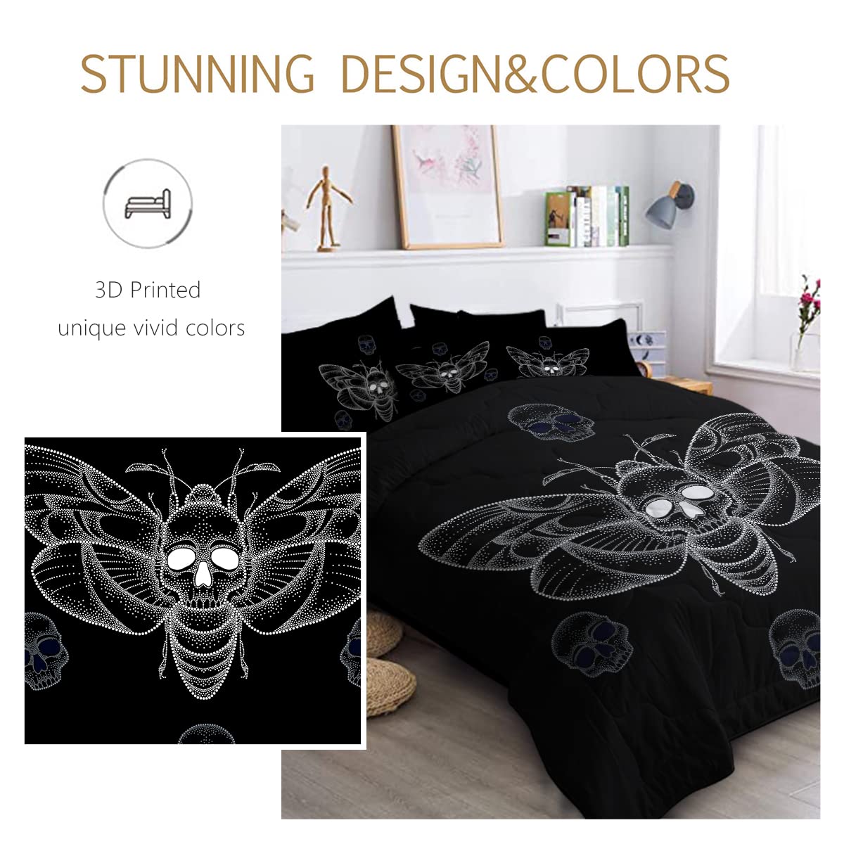 **BlessLiving Death Moth King Size Bedding Set – Gothic Hawk Moth Skull Design in Black & White, 8-Piece Halloween Comforter Set with Sheets for Boys & Teens, Perfect for Spooky Bedrooms & Themed Decor**