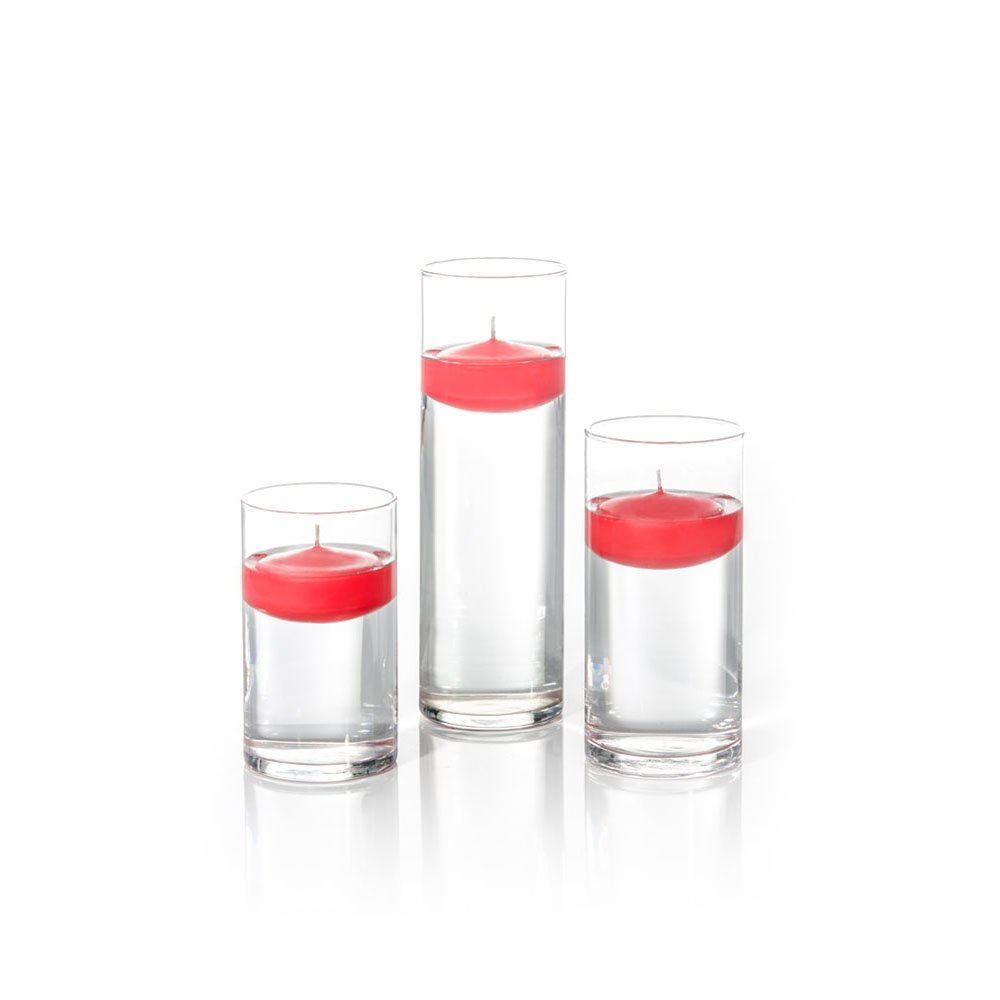 Yummi Set of 18 Floating Candles with Cylinder Vases - Elegant Ruby Red for Weddings, Spa, Romantic Dinners & Home Decor