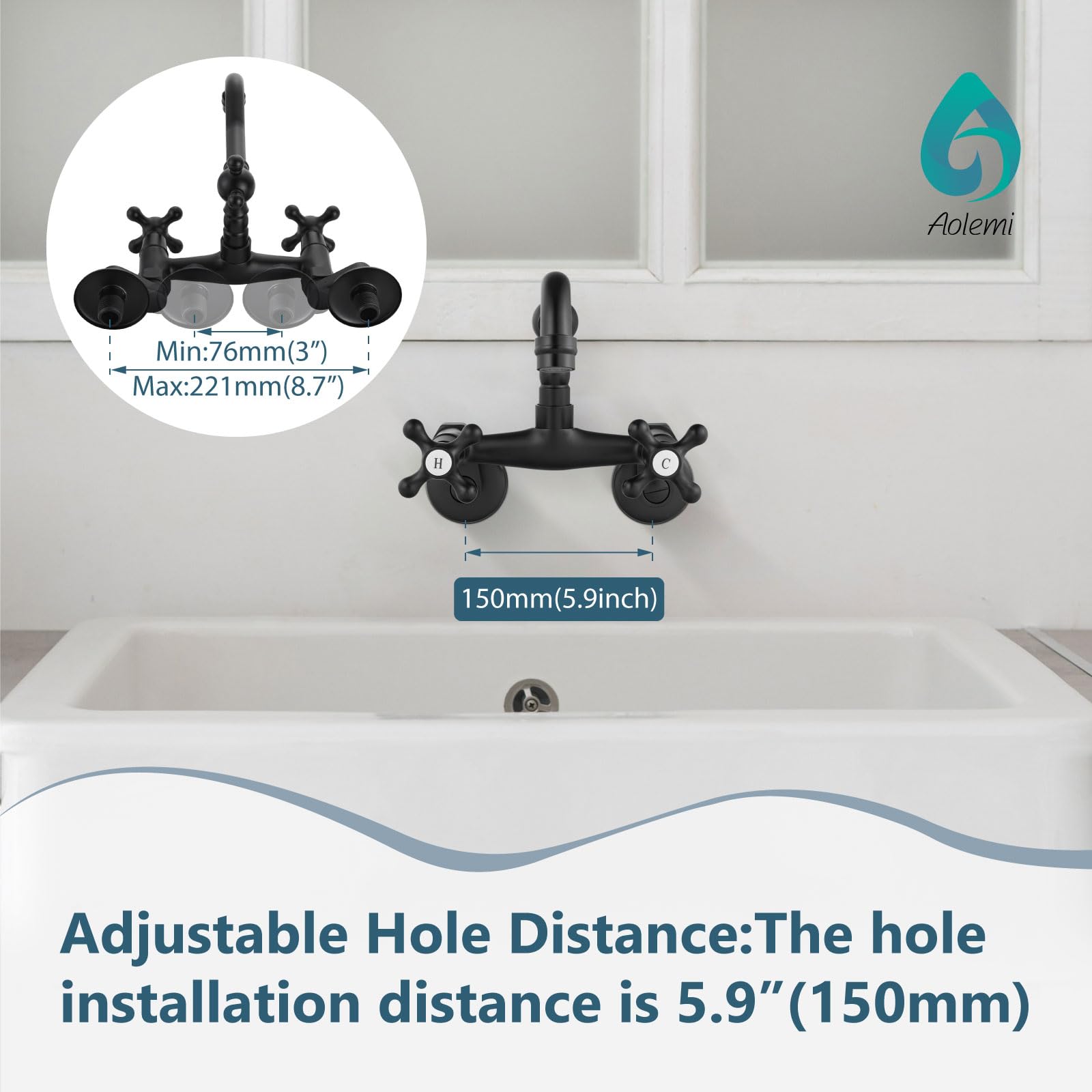 Aolemi Matte Black Wall Mount Kitchen Faucet with 2 Cross Handles & 6