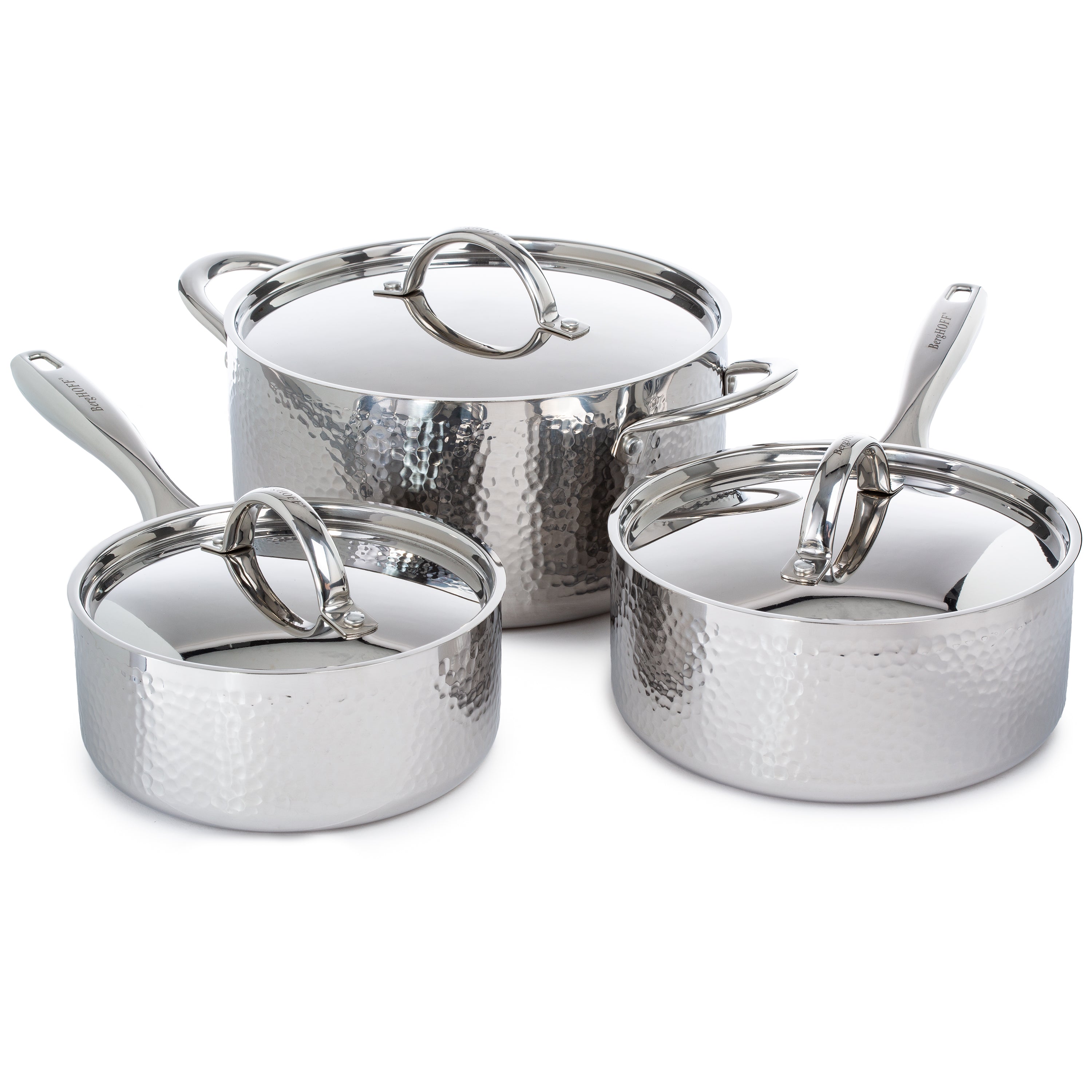 BergHOFF Vintage 6-Piece Tri-Ply 18/10 Stainless Steel Cookware Set with Lids - Hammered Finish for Professional Cooking & Home Kitchen Use
