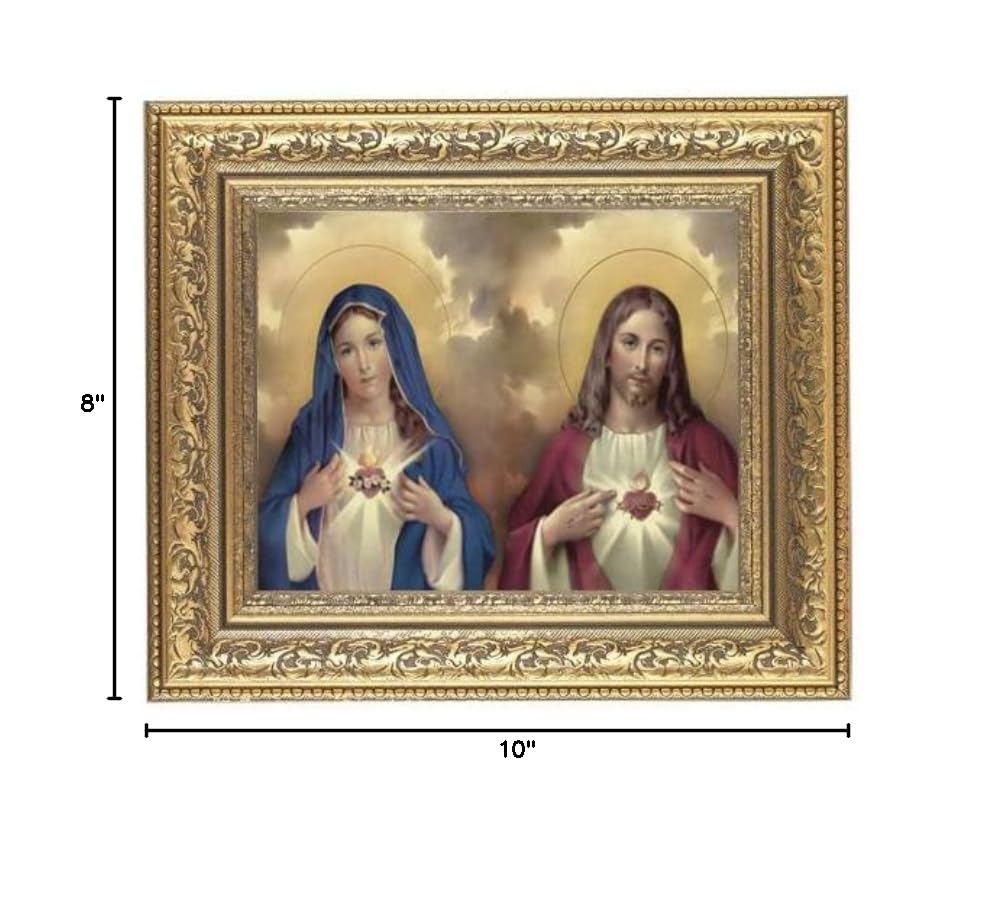 Religious Sacred Hearts Framed Wall Art - Large Gold Leaf Acanthus Carved Ornamental Picture Frame for Home, Church & Office Decor | Perfect for Catholic Gifts, Bedroom & Living Room Wall Decorations