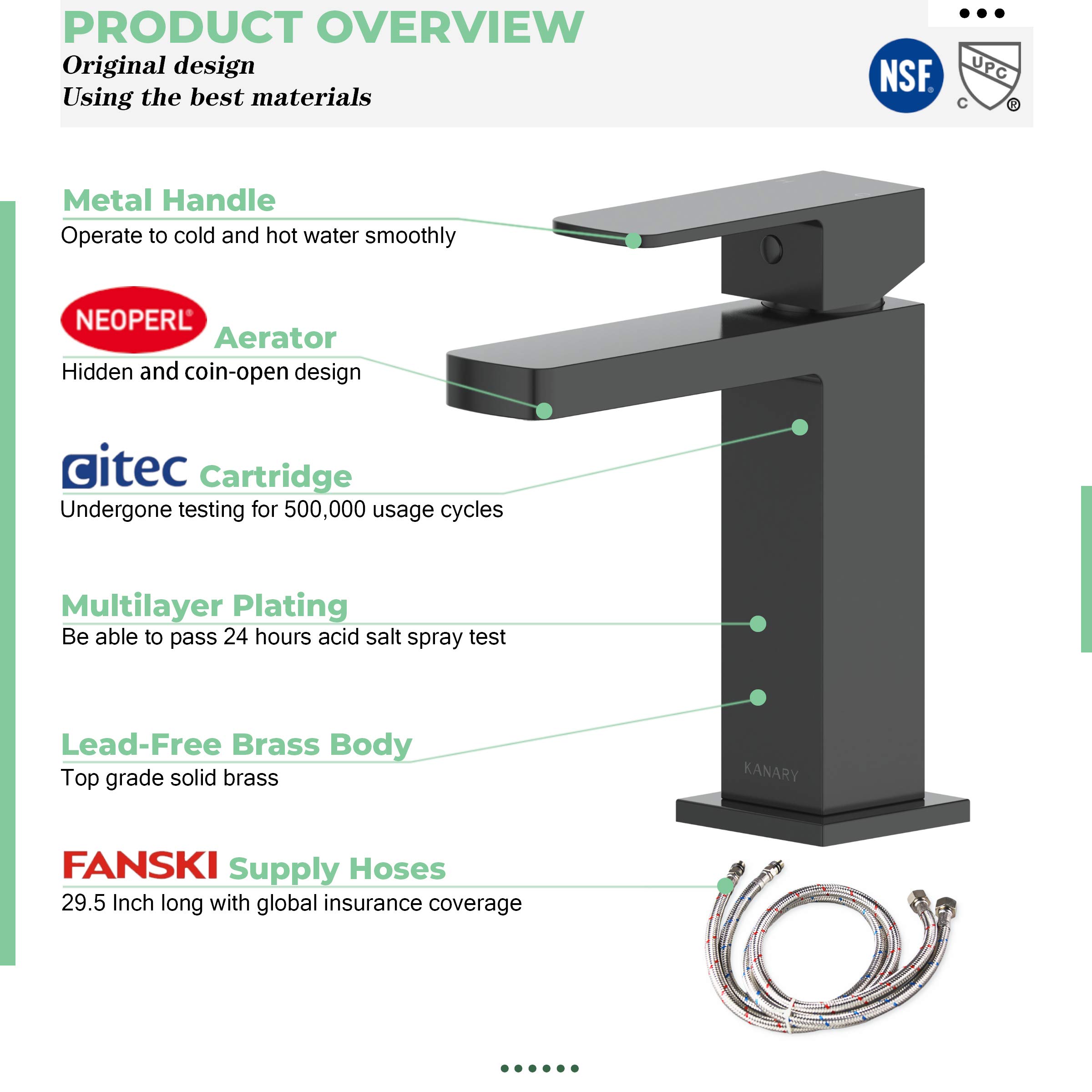 Premium KANARY Solid Brass Bathroom Sink Faucet - Modern Single Handle Basin Mixer Tap in Matte Black for Bathroom Vanity & Powder Room Upgrade