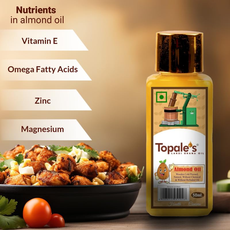 Topale's 100% Pure Cold Pressed Almond Oil 50ml - Vitamin E Rich Badam Oil for Face, Hair Growth & Baby Massage | Nourishes Skin & Strengthens Hair | Perfect for Daily Skincare, Hair Care & Infant Massage Routines