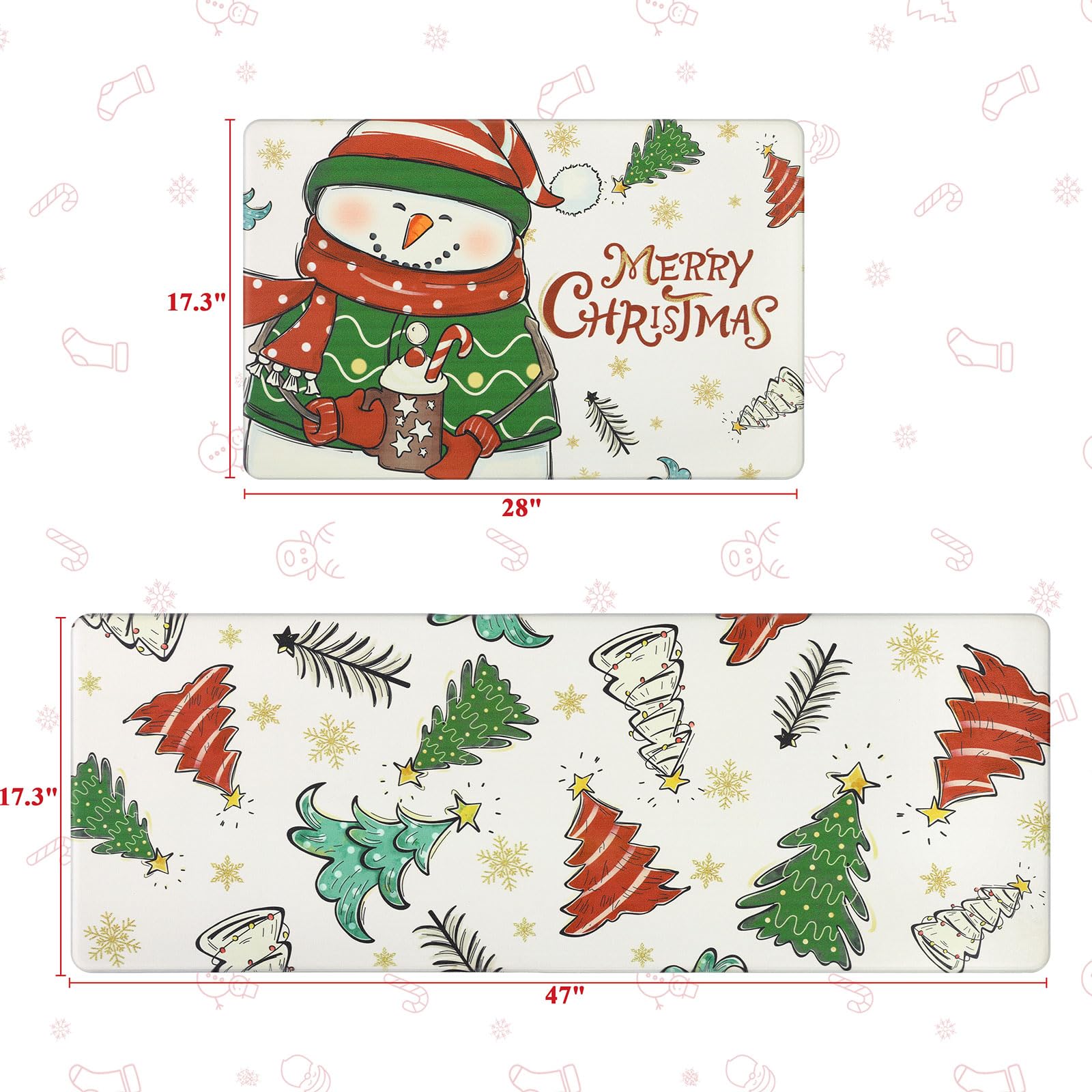 Topotdor Christmas Snowman Kitchen Mat Set of 2 - Non-Slip Waterproof Anti-Fatigue Cushioned Standing Mats for Winter Holiday Decor - Perfect for Kitchen, Office, or Entryway Floor Protection