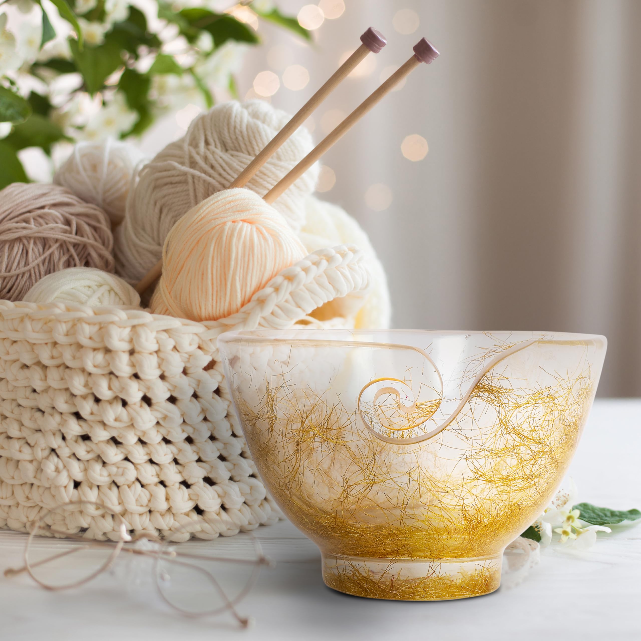 Ommi Handcrafted Resin Yarn Bowl for Knitting & Crochet - Golden Storage Organizer for Yarn, Needles & Craft Supplies - Perfect for Home, Studio & Gift Giving