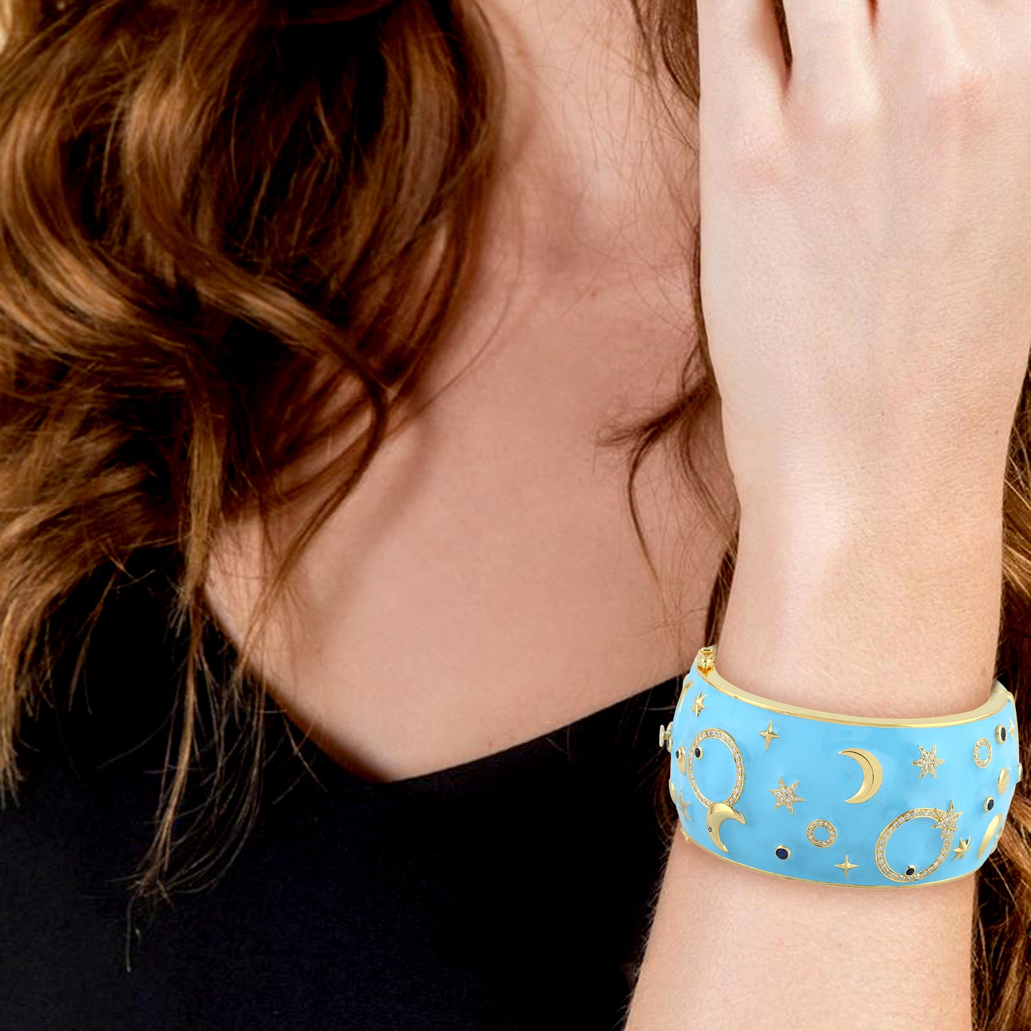 Blue Sapphire Pave Diamond Moon Star Enamel Wide Wedding Bangle in Gold & Silver - Elegant Bridal Jewelry for Weddings, Anniversaries & Special Occasions