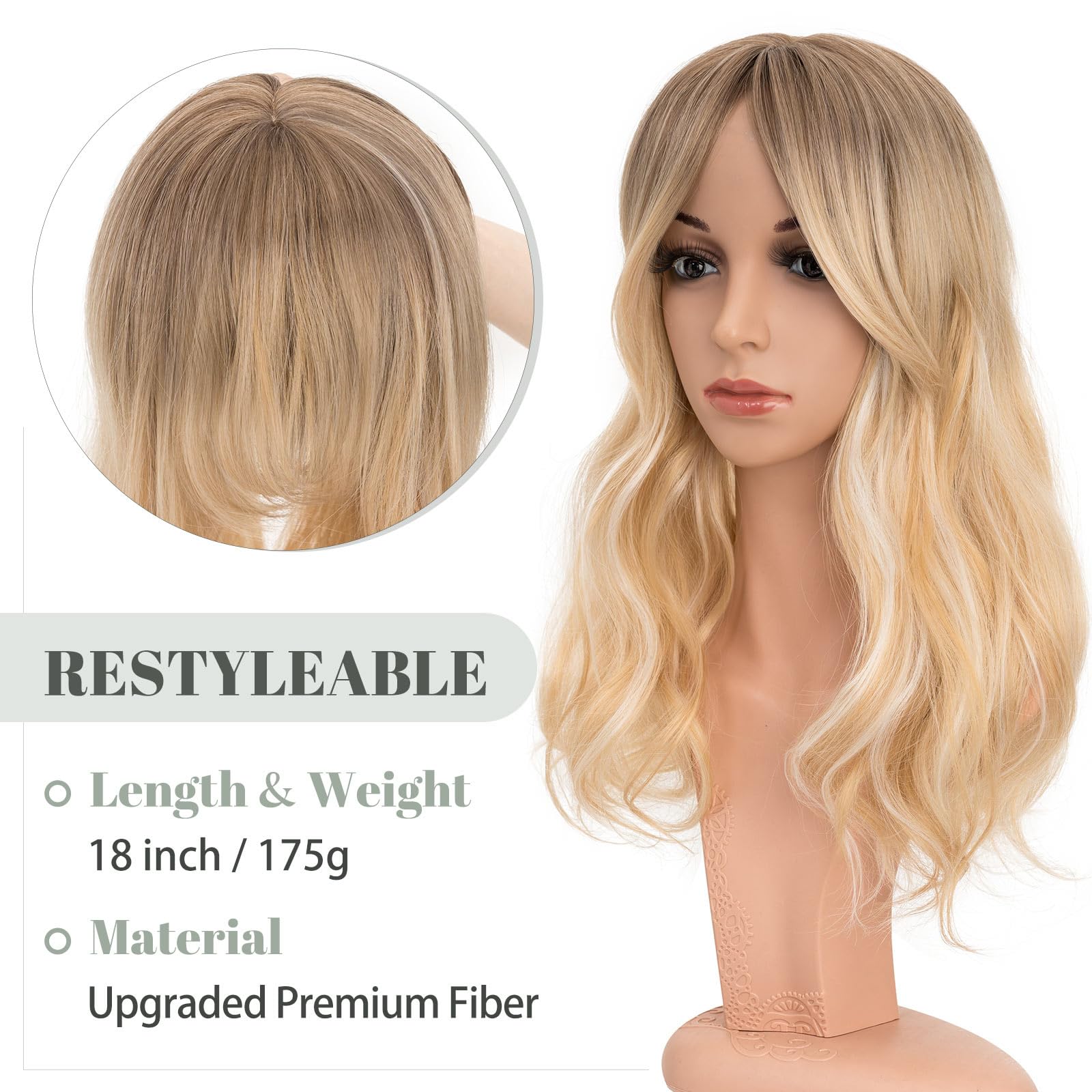 18 Inch Synthetic Hair Topper with Bangs - Natural Looking Hairpiece for Thinning Hair - Perfect for Daily Wear, Cosplay & Special Occasions