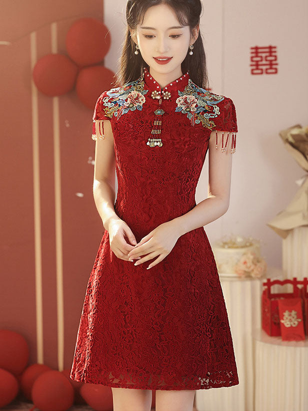Elegant Red Embroidered Lace A-Line Wedding Qipao Cheongsam Dress for Brides | Traditional Chinese Bridal Gown for Wedding Ceremony, Photoshoot & Special Occasions