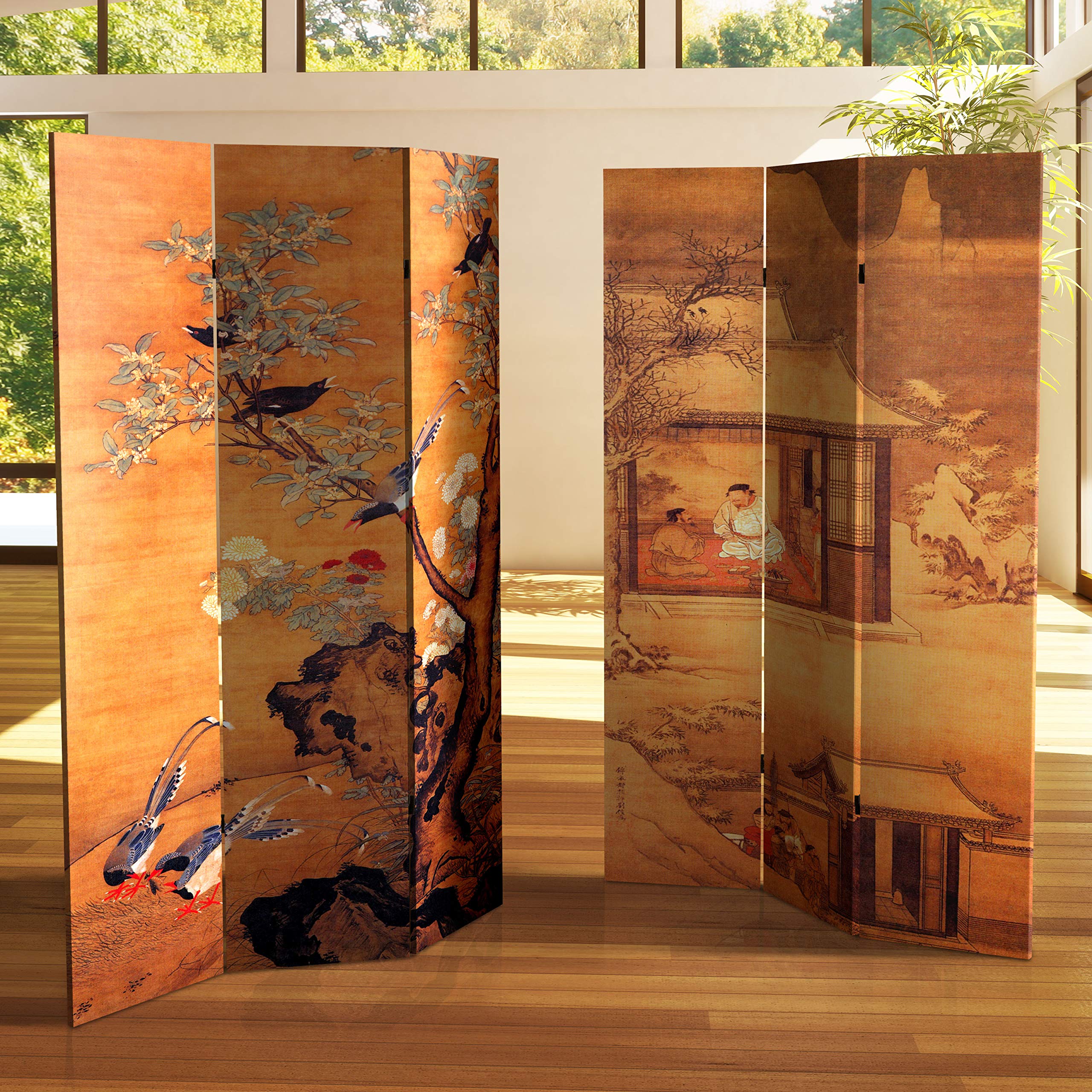 6 ft. Tall Double Sided Chinese Landscape Canvas Room Divider - Handcrafted Oriental Folding Screen with Brown Wood Frame | Perfect for Home Decor, Office Partition & Asian-Themed Spaces
