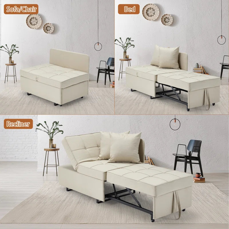 EROMMY 3-in-1 Convertible Sleeper Sofa Bed - Adjustable 5-Position Backrest, Pull-Out Guest Bed with Premium Faux Linen Fabric (Beige) - Perfect for Small Spaces, Apartments & Home Offices