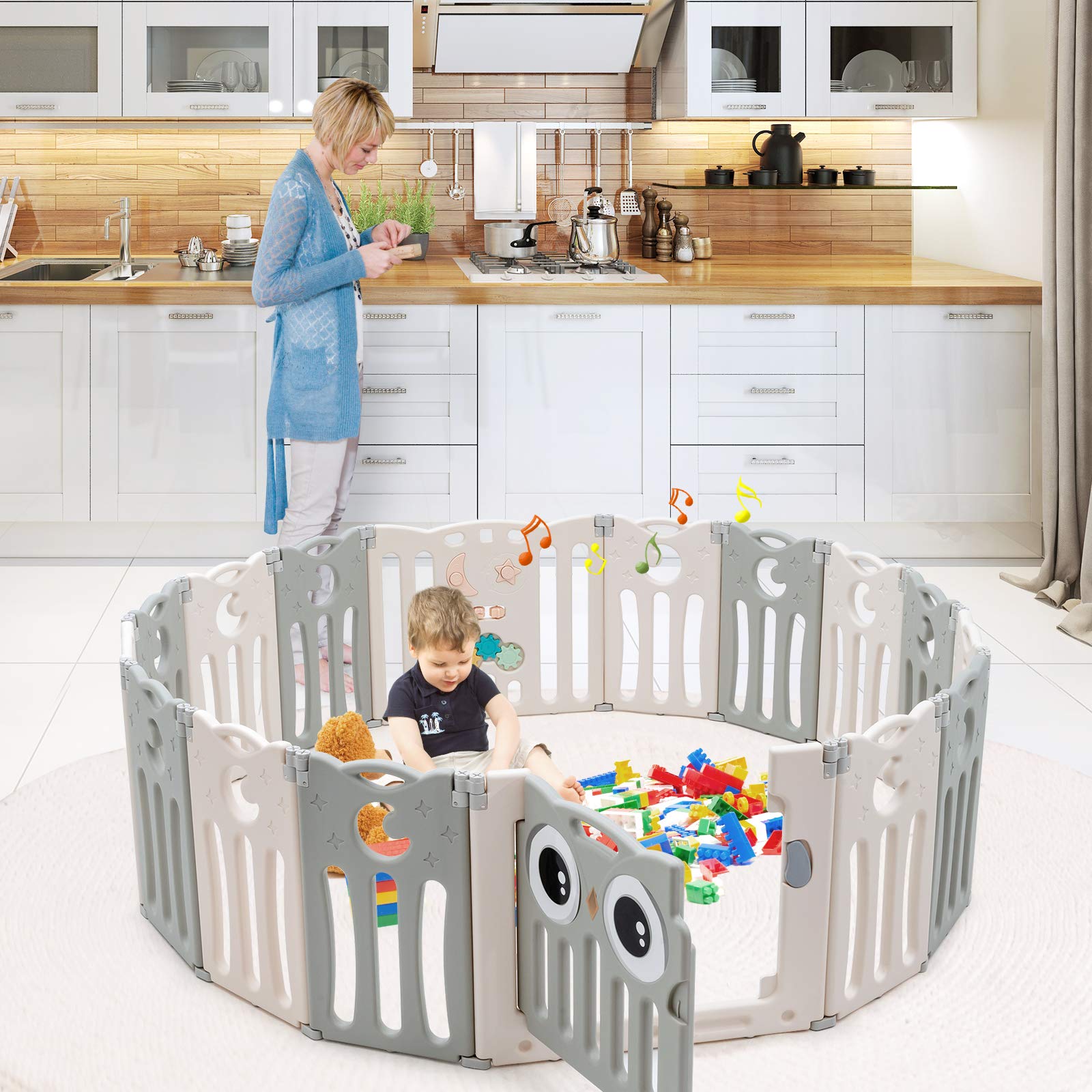 Costzon 16-Panel Foldable Baby Playpen with Locking Door - Non-Slip Rubber Pads & Bases for Safety - Indoor/Outdoor Adjustable Play Yard for Toddlers - Perfect for Home, Backyard, Daycare & Travel (Beige)