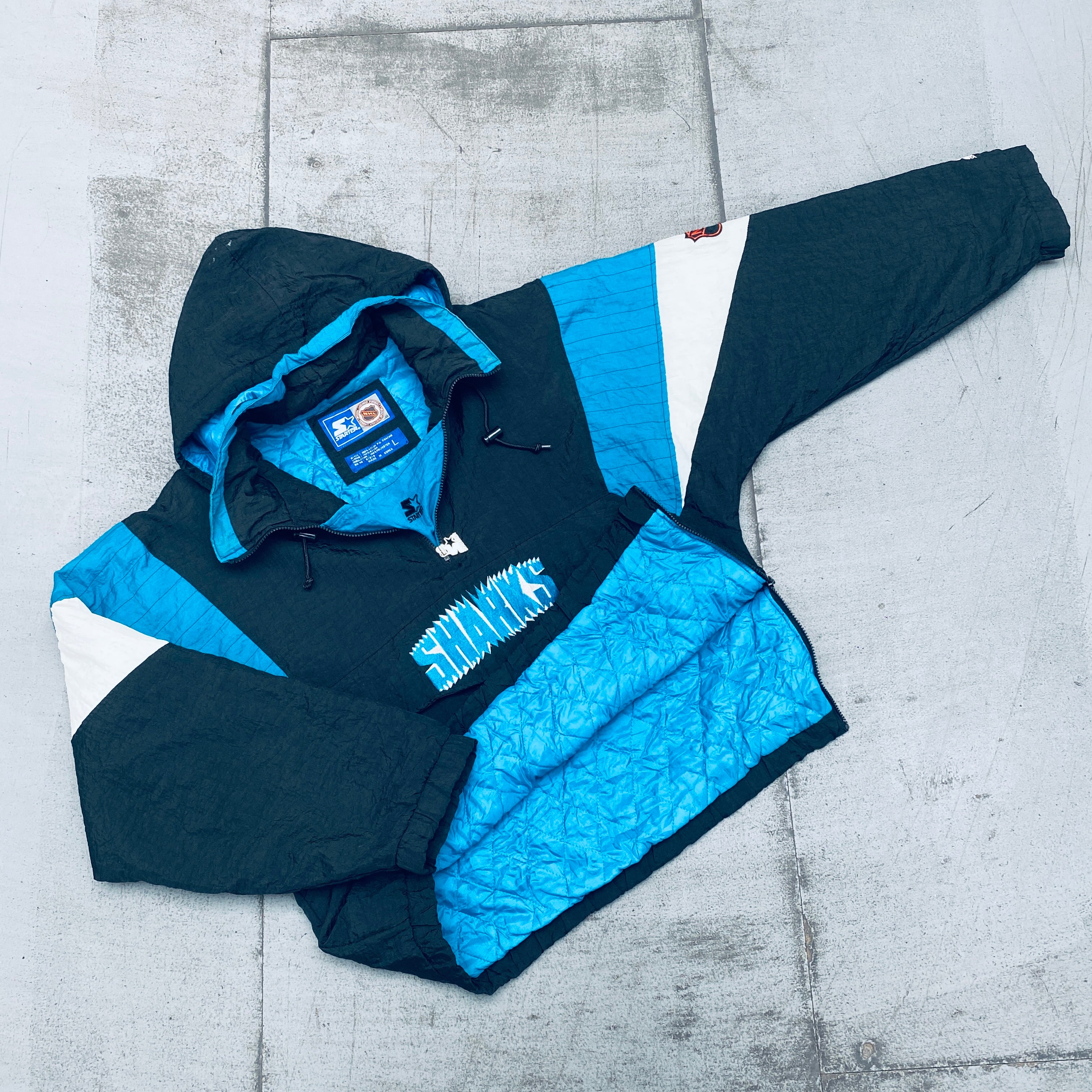 San Jose Sharks 1990s Vintage 1/4 Zip Breakaway Jacket - NHL Hockey Starter Pullover (Large/XL) - Perfect for Game Day, Fan Gear & Retro Sports Fashion